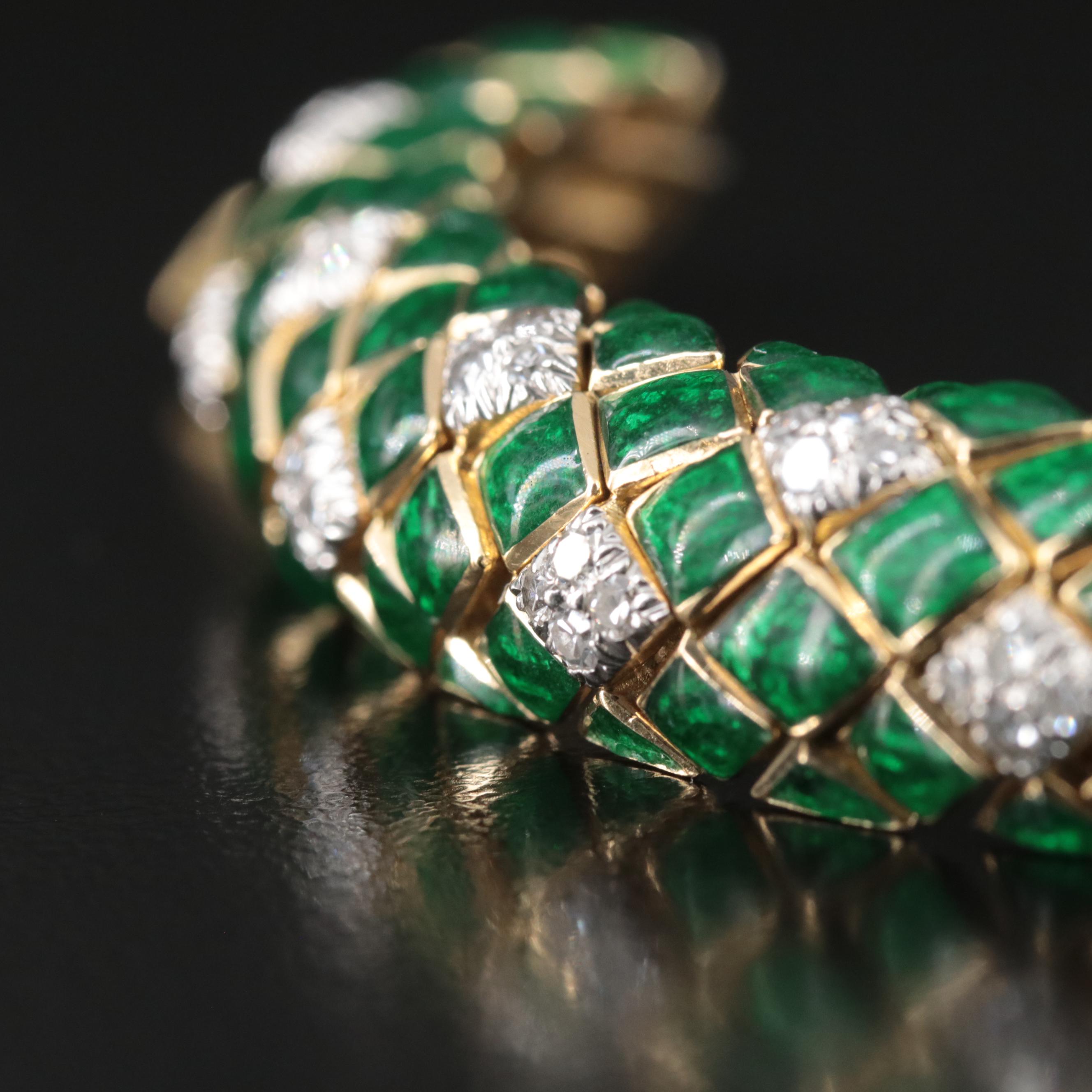 David Webb 18K 2.52 CTW Diamond and Green Enamel Snake Scale Bracelet