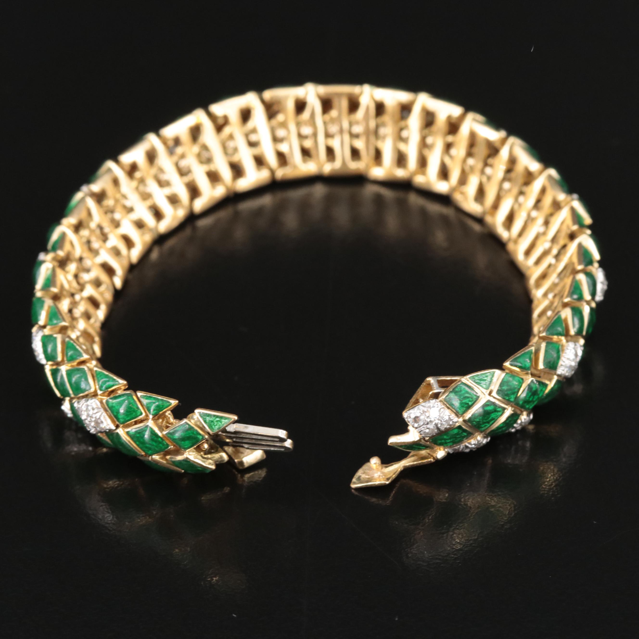 David Webb 18K 2.52 CTW Diamond and Green Enamel Snake Scale Bracelet