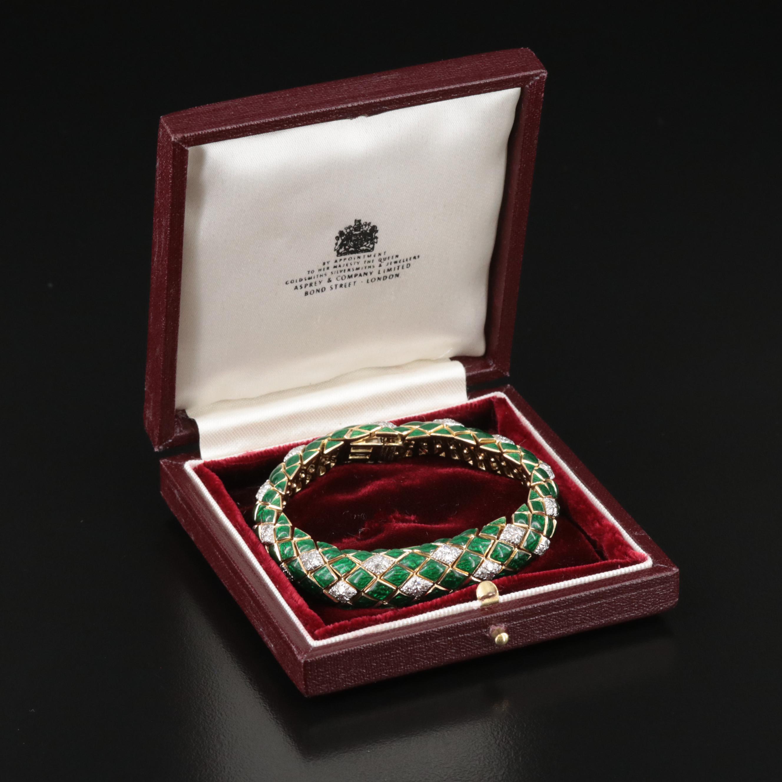David Webb 18K 2.52 CTW Diamond and Green Enamel Snake Scale Bracelet