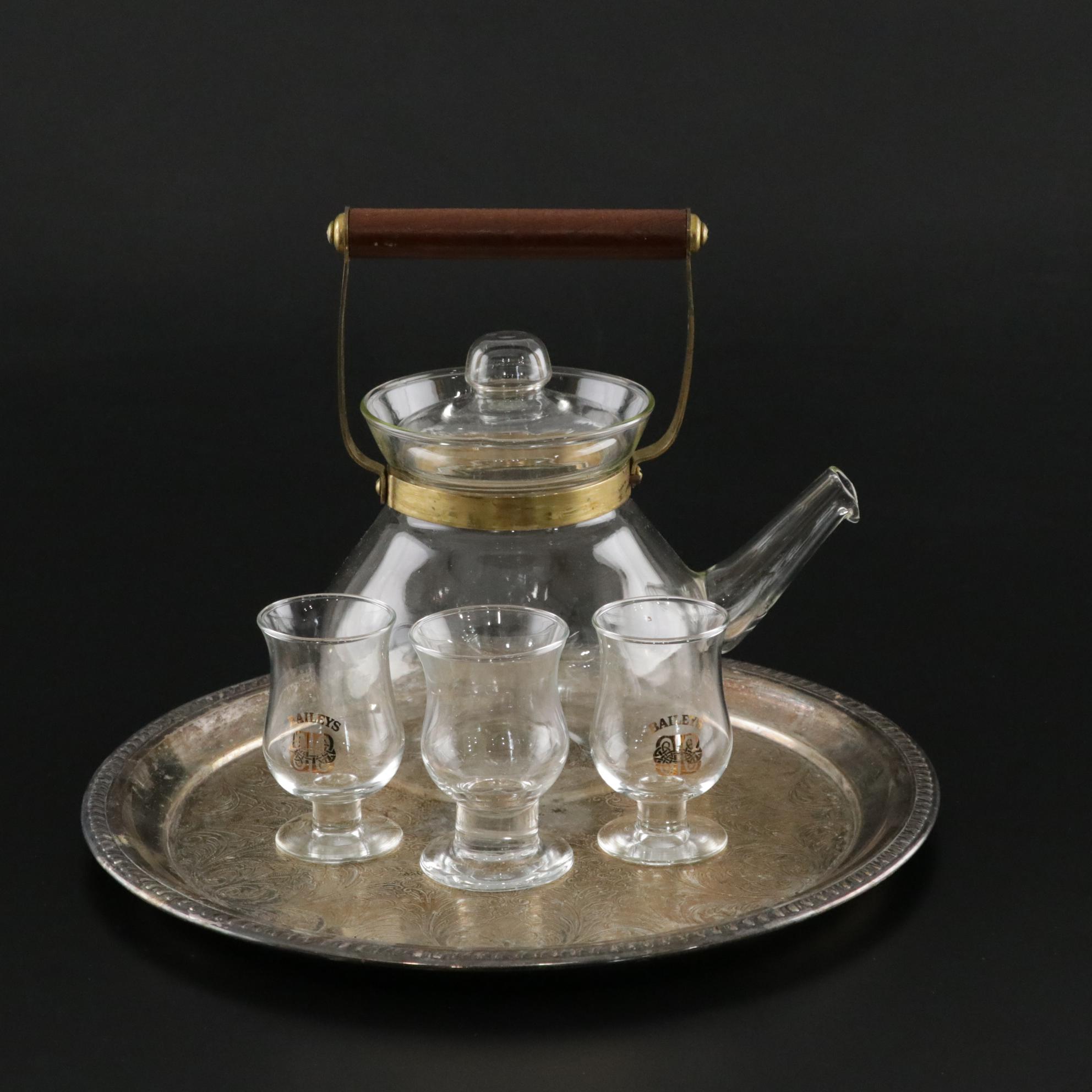 Hand Blown Mid-Century Glass Kettle With Silver Plate Tray and Cordial Glasses
