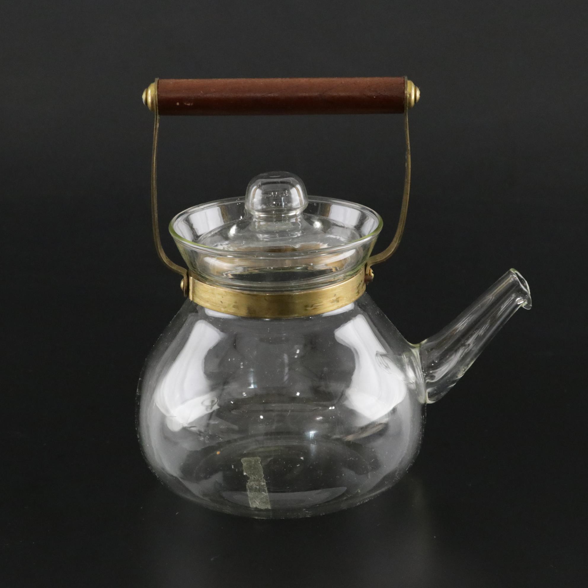 Hand Blown Mid-Century Glass Kettle With Silver Plate Tray and Cordial Glasses