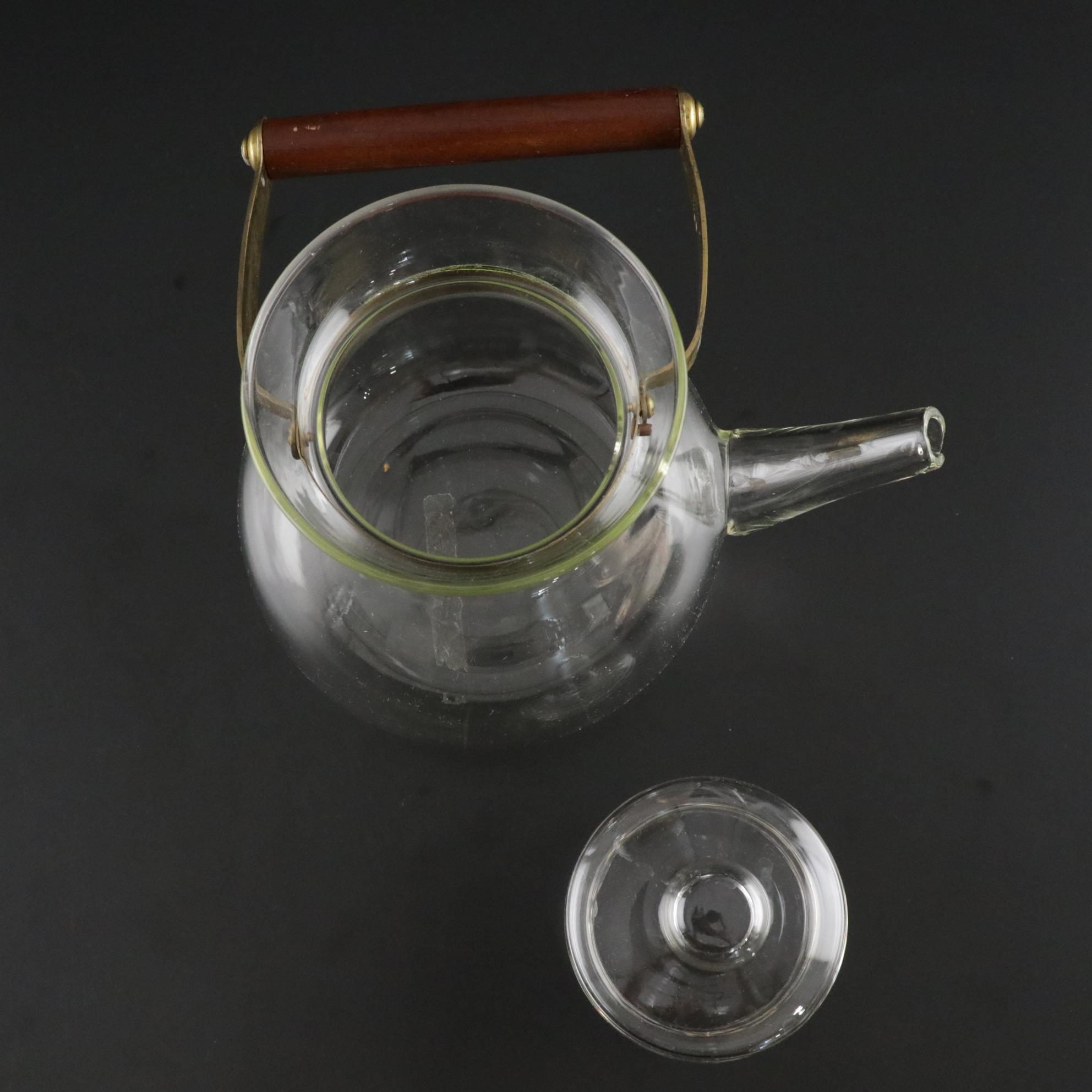 Hand Blown Mid-Century Glass Kettle With Silver Plate Tray and Cordial Glasses