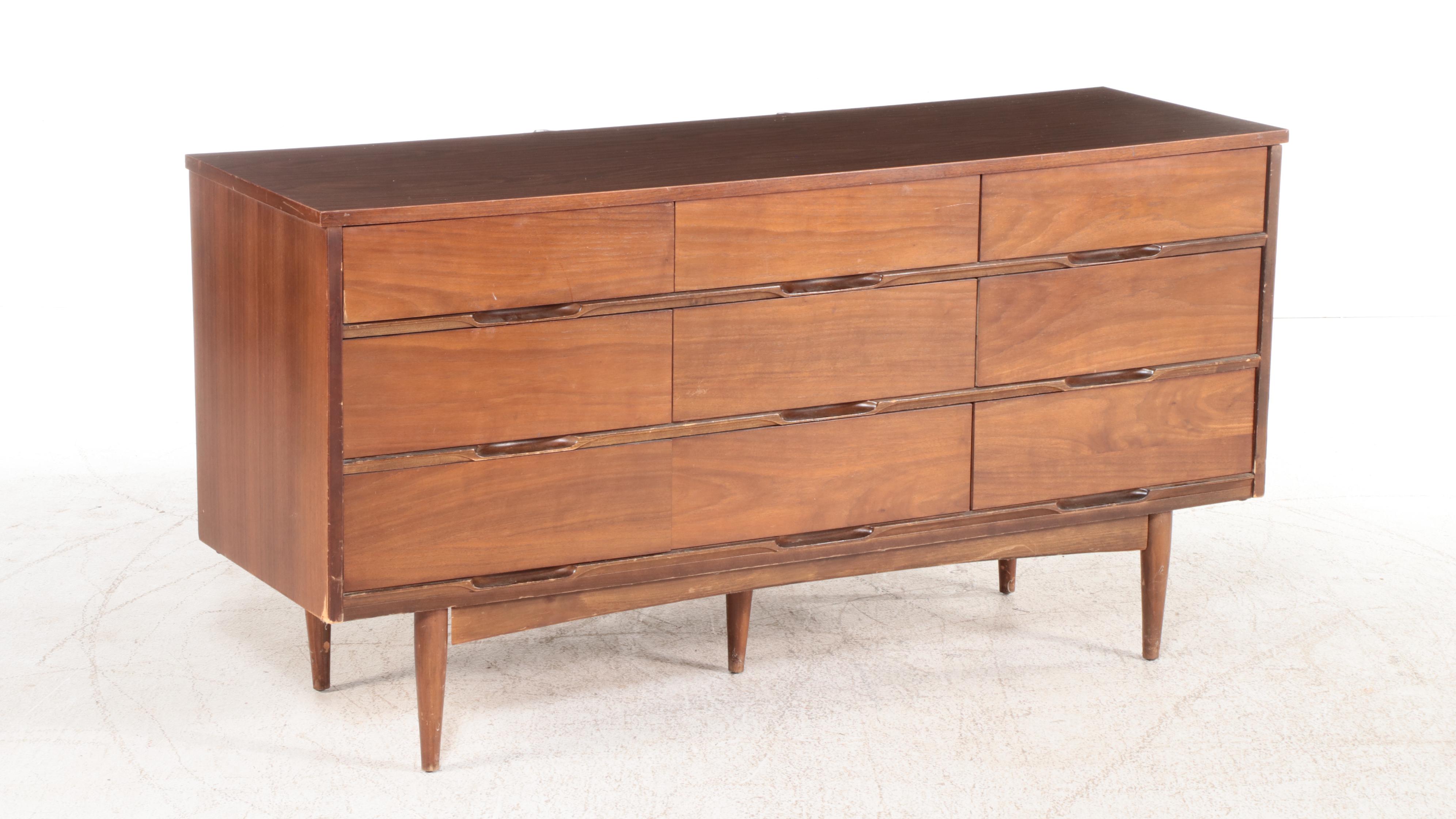 Mid Century Modern Walnut and Laminate Top Nine-Drawer Chest