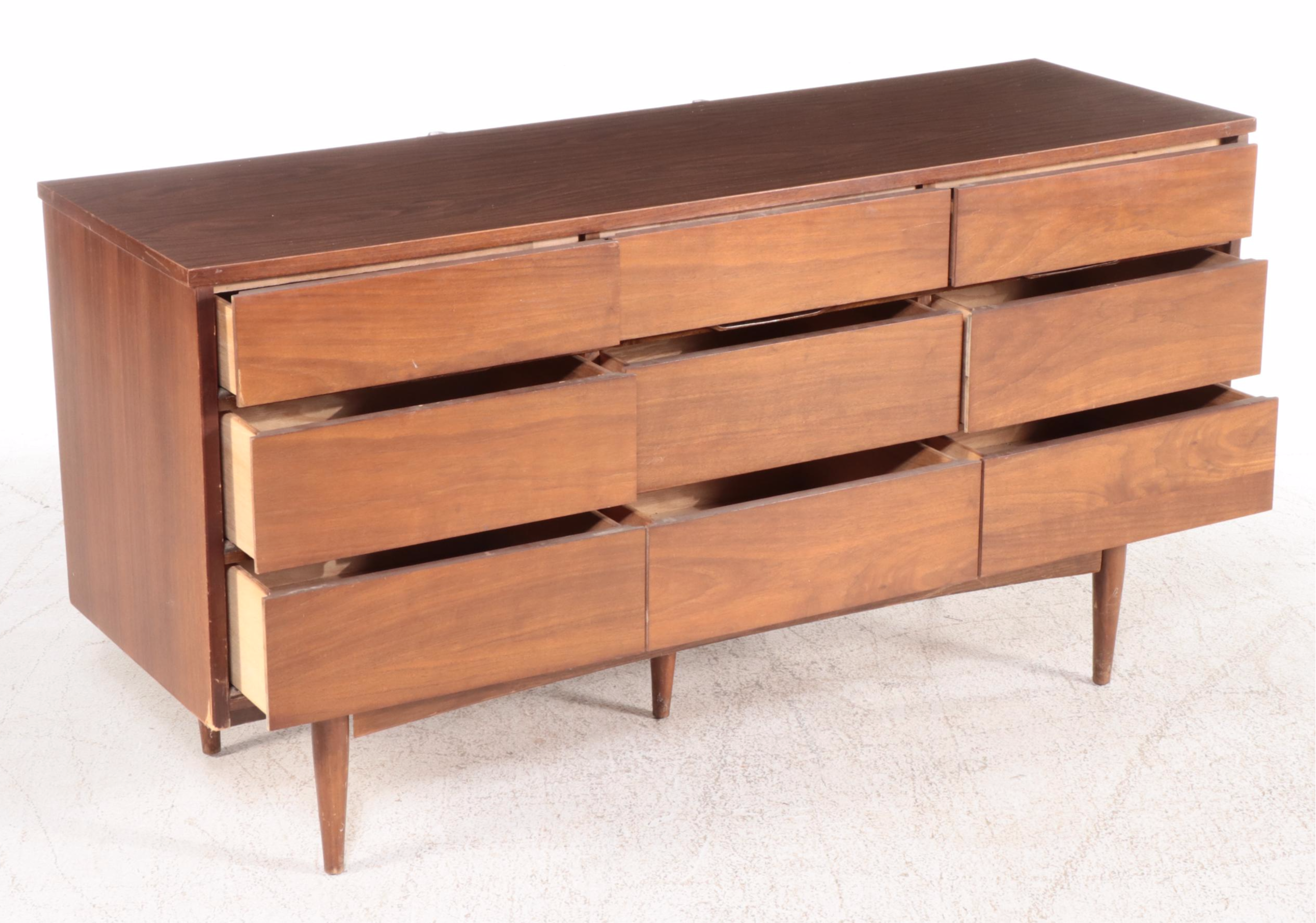 Mid Century Modern Walnut and Laminate Top Nine-Drawer Chest