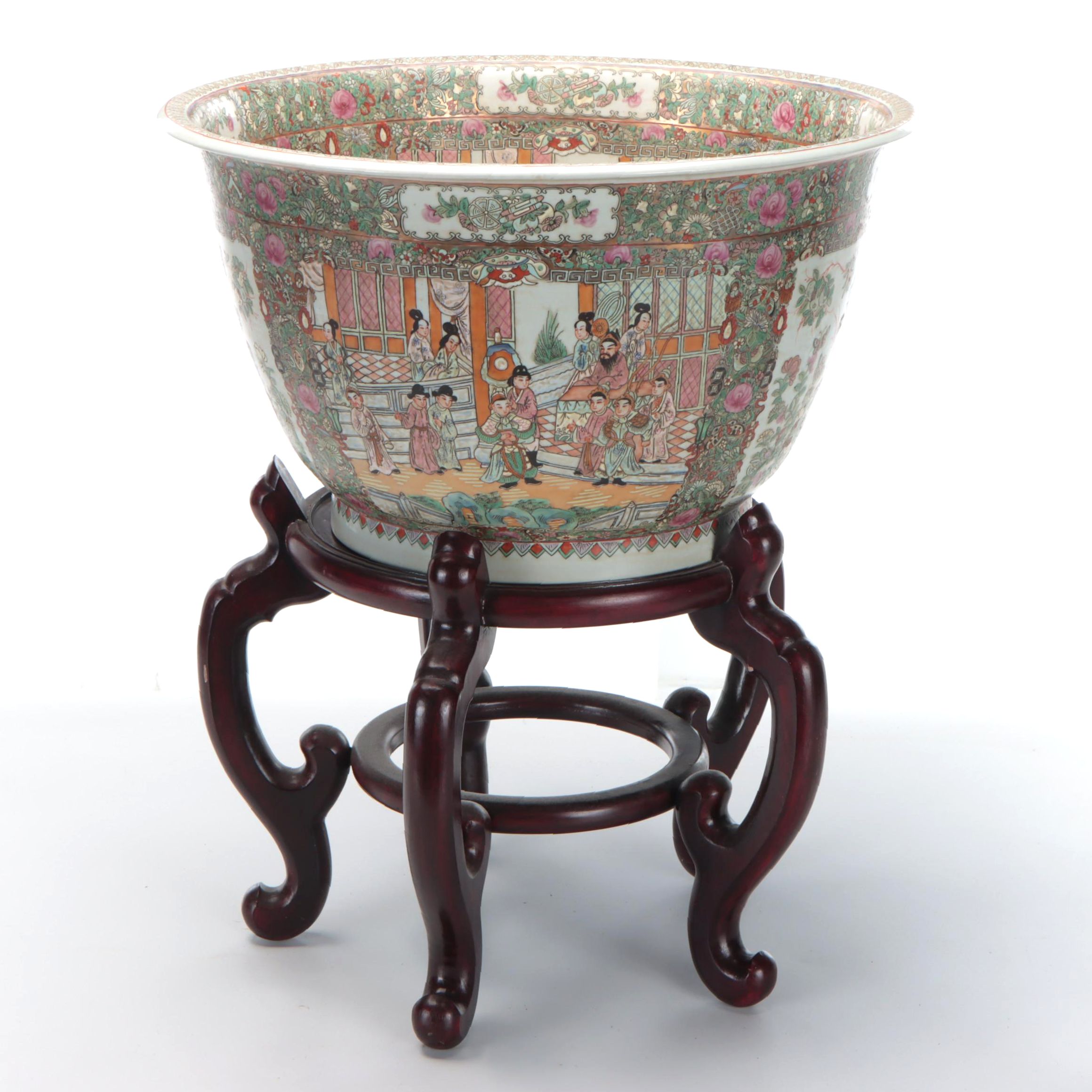 Chinese Famille Rose Planter with Carved Stand