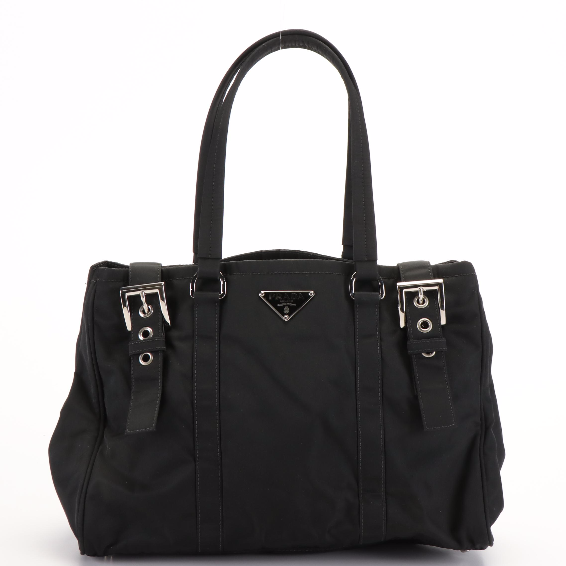 Prada Expandable Buckle Tote in Black Tessuto Nylon