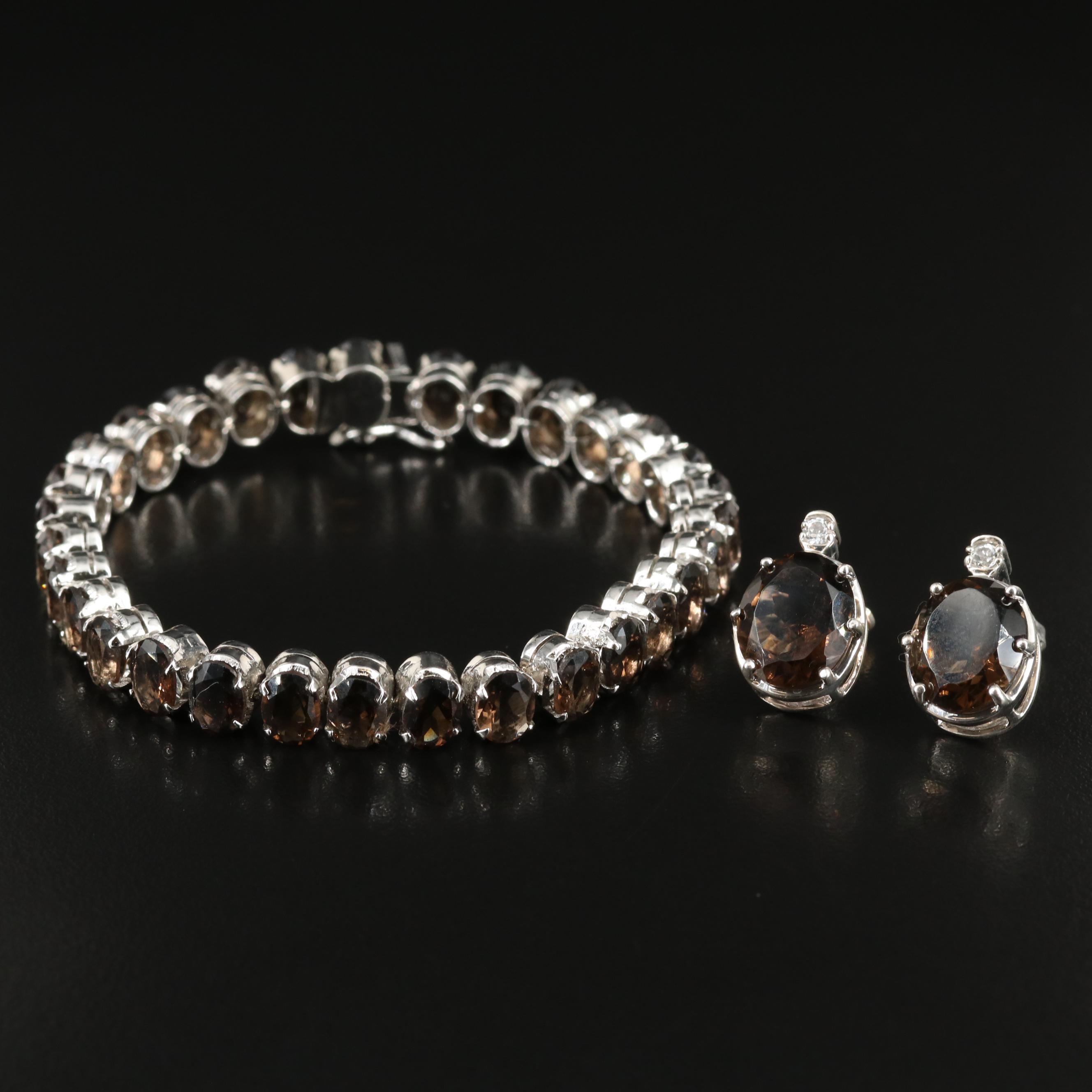Sterling Smoky Quartz and White Topaz Bracelet and Earrings