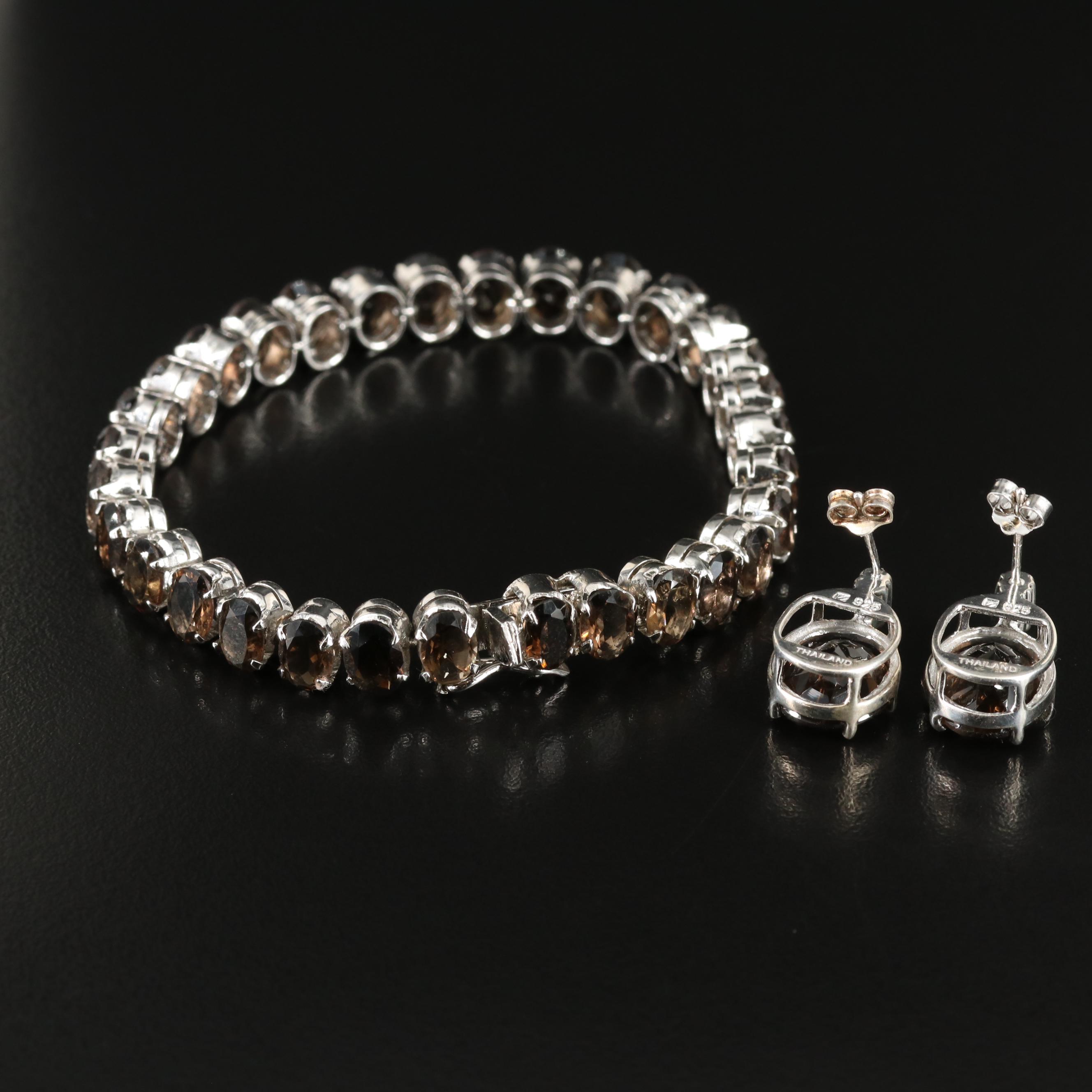 Sterling Smoky Quartz and White Topaz Bracelet and Earrings
