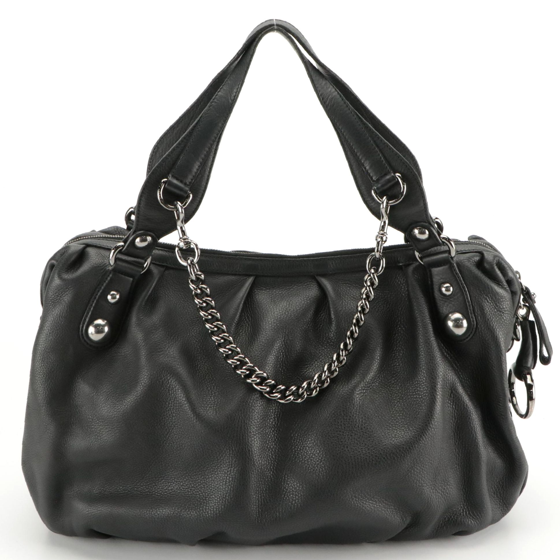 Gucci Icon Bit Large Two-Way Pleated Boston Bag in Black Grained Leather