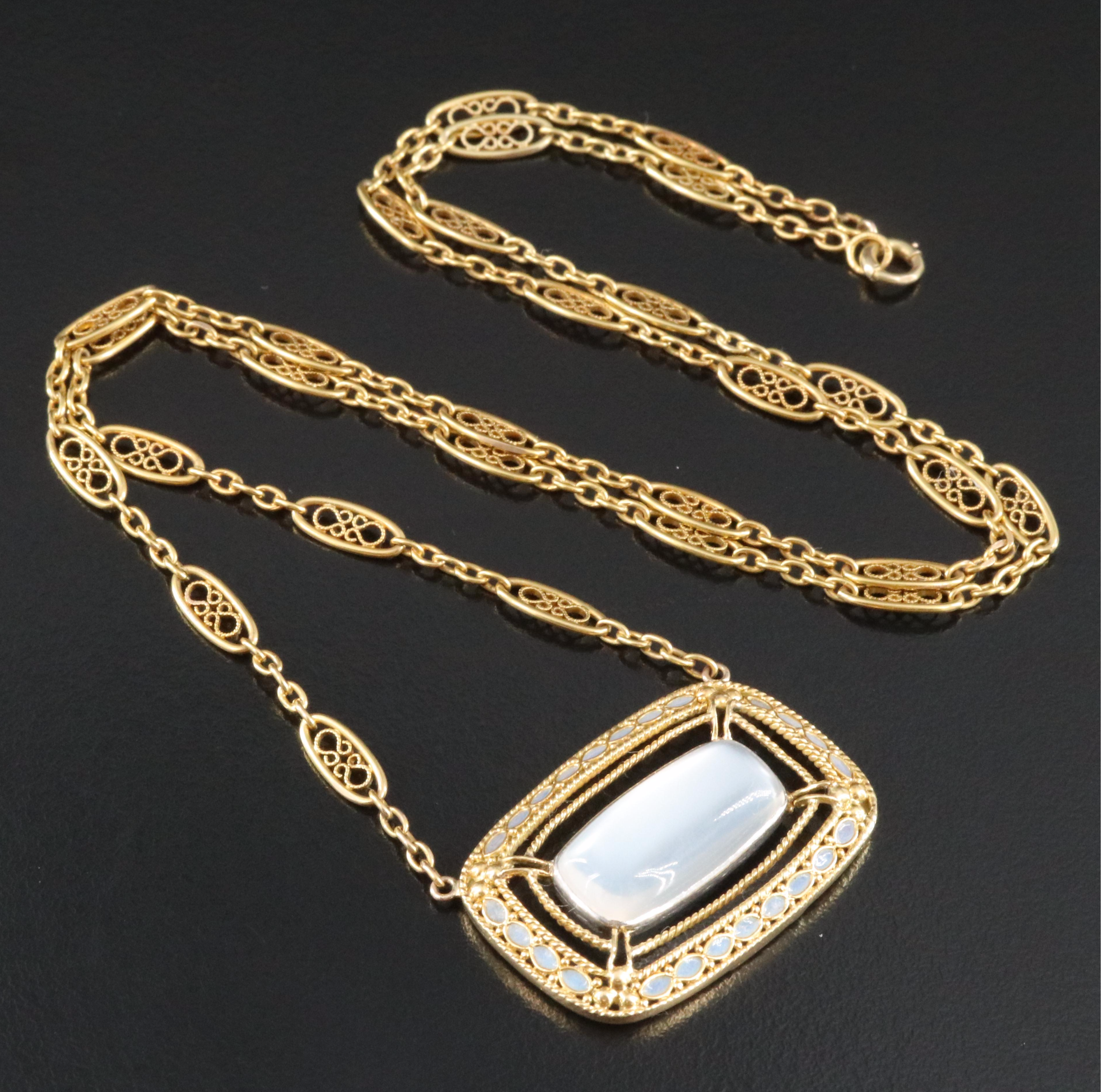 Louis Comfort Tiffany 18K Moonstone and Plique-à-jour Enamel Pendant Necklace