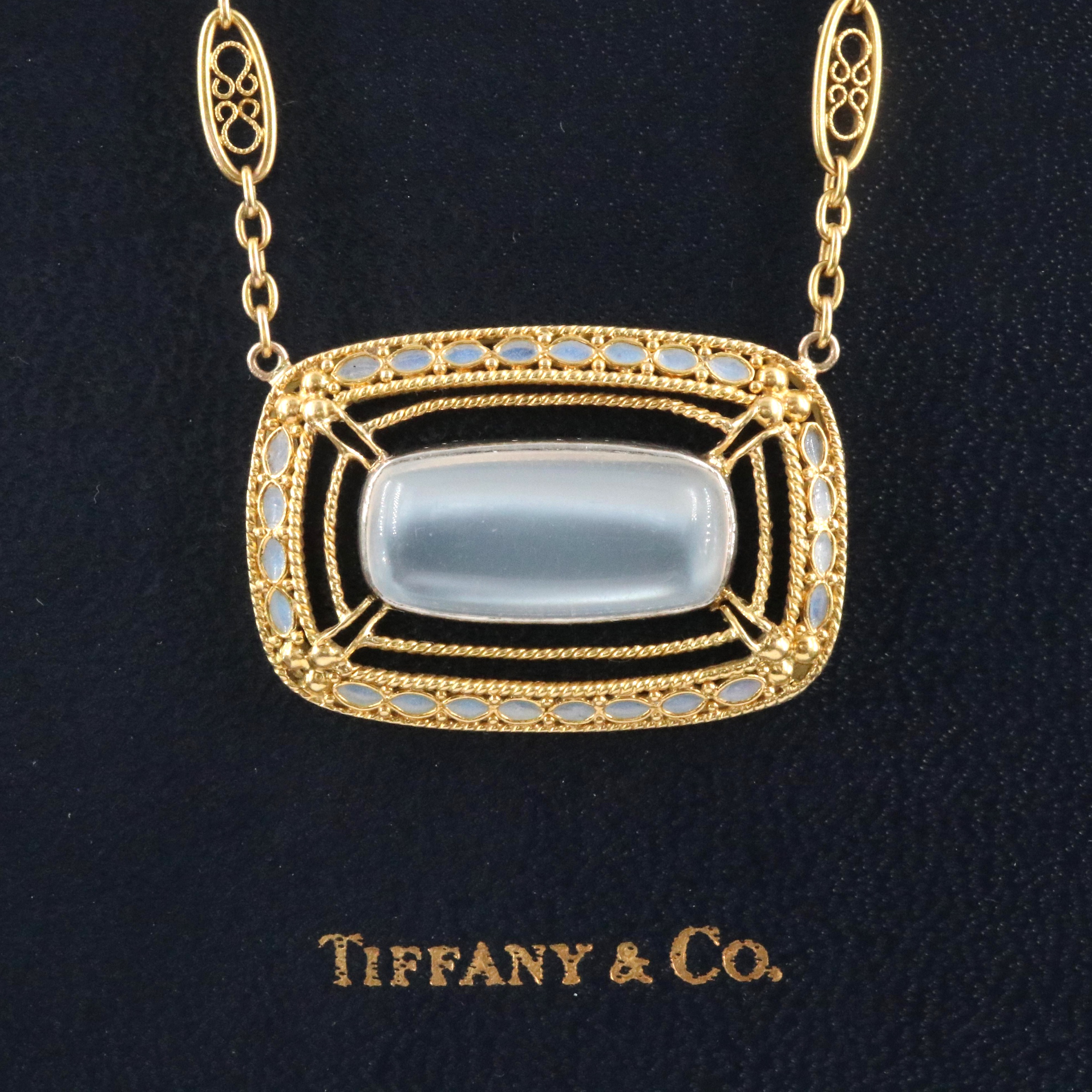 Louis Comfort Tiffany 18K Moonstone and Plique-à-jour Enamel Pendant Necklace