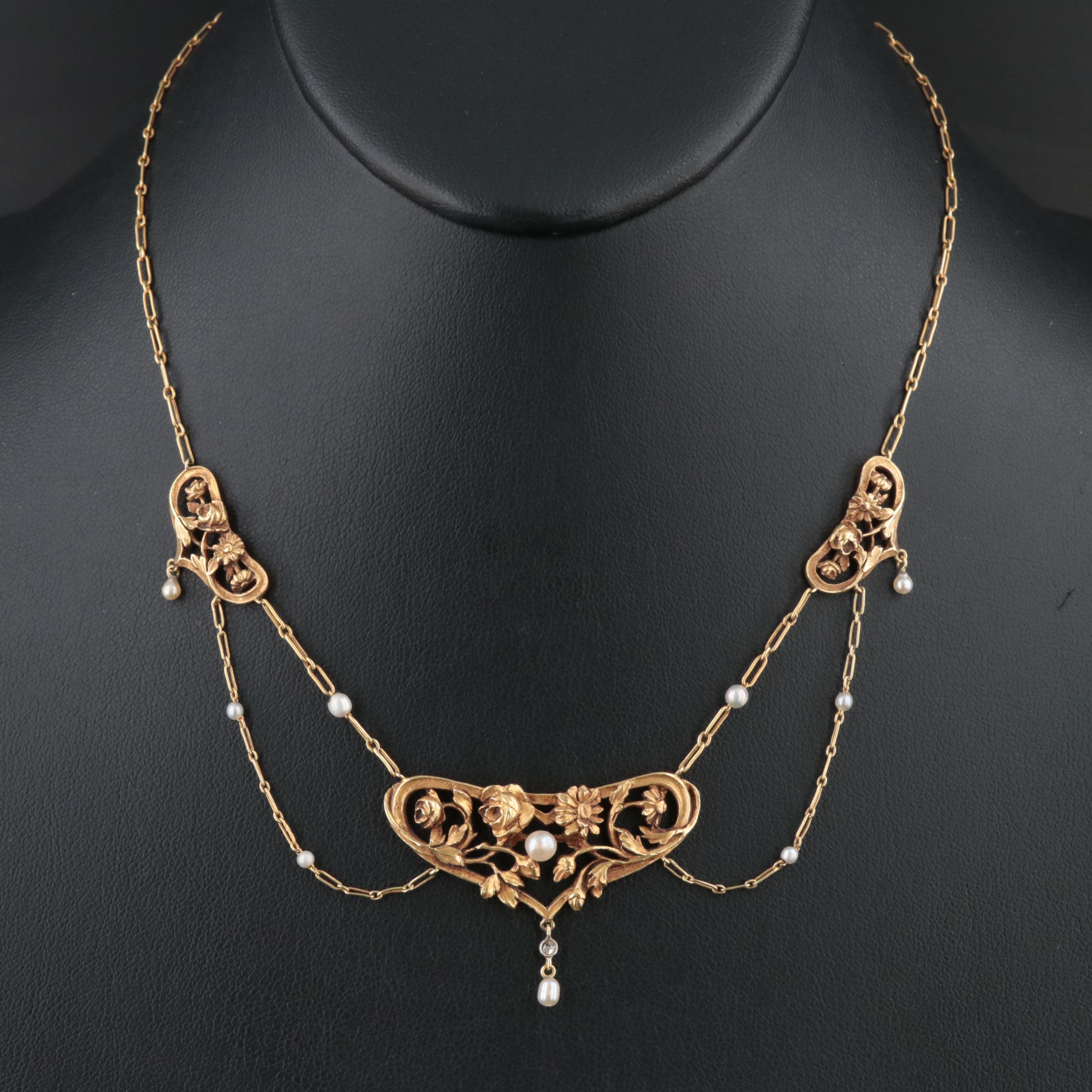 French Art Nouveau 18K Floral Festoon Necklace, Antique
