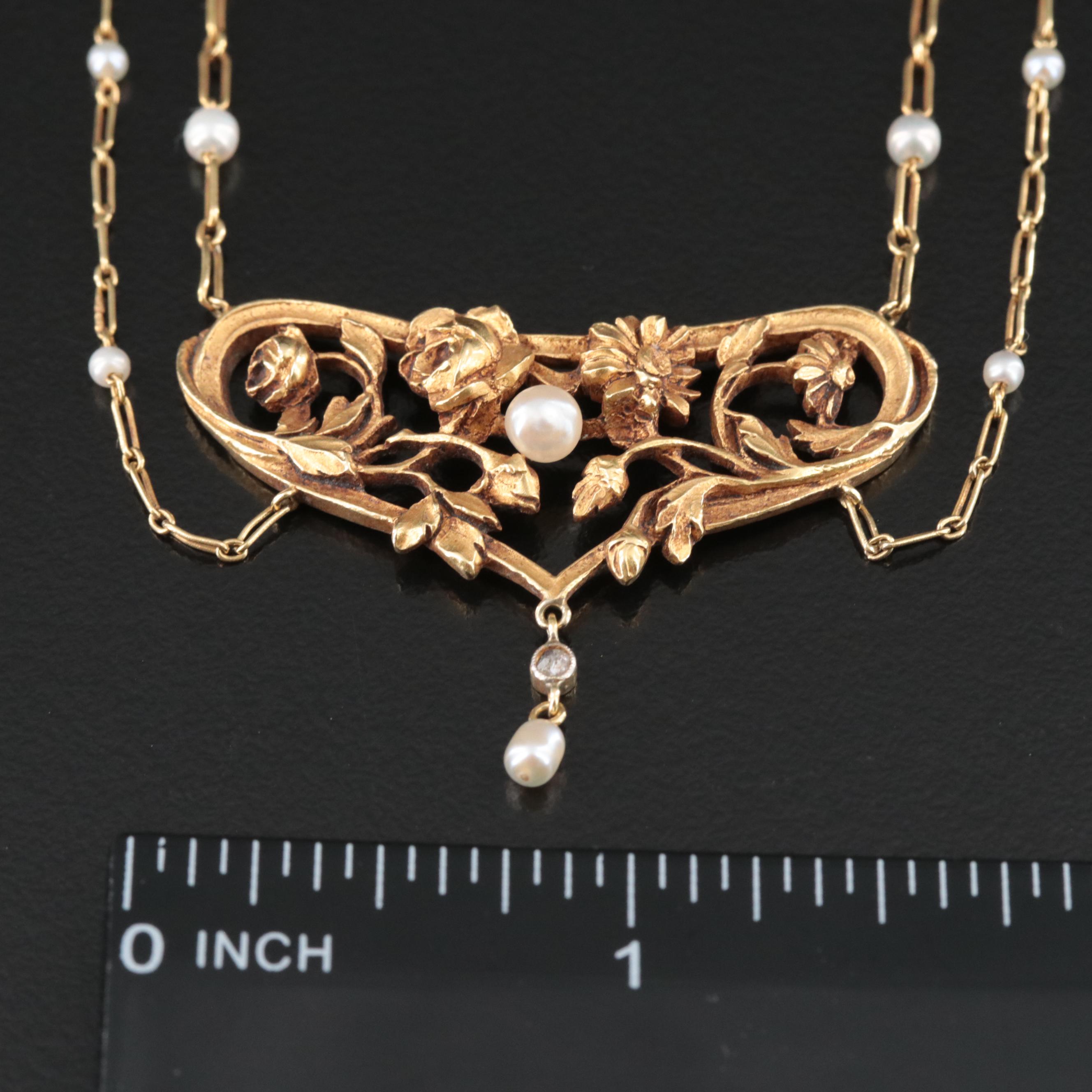 French Art Nouveau 18K Floral Festoon Necklace, Antique