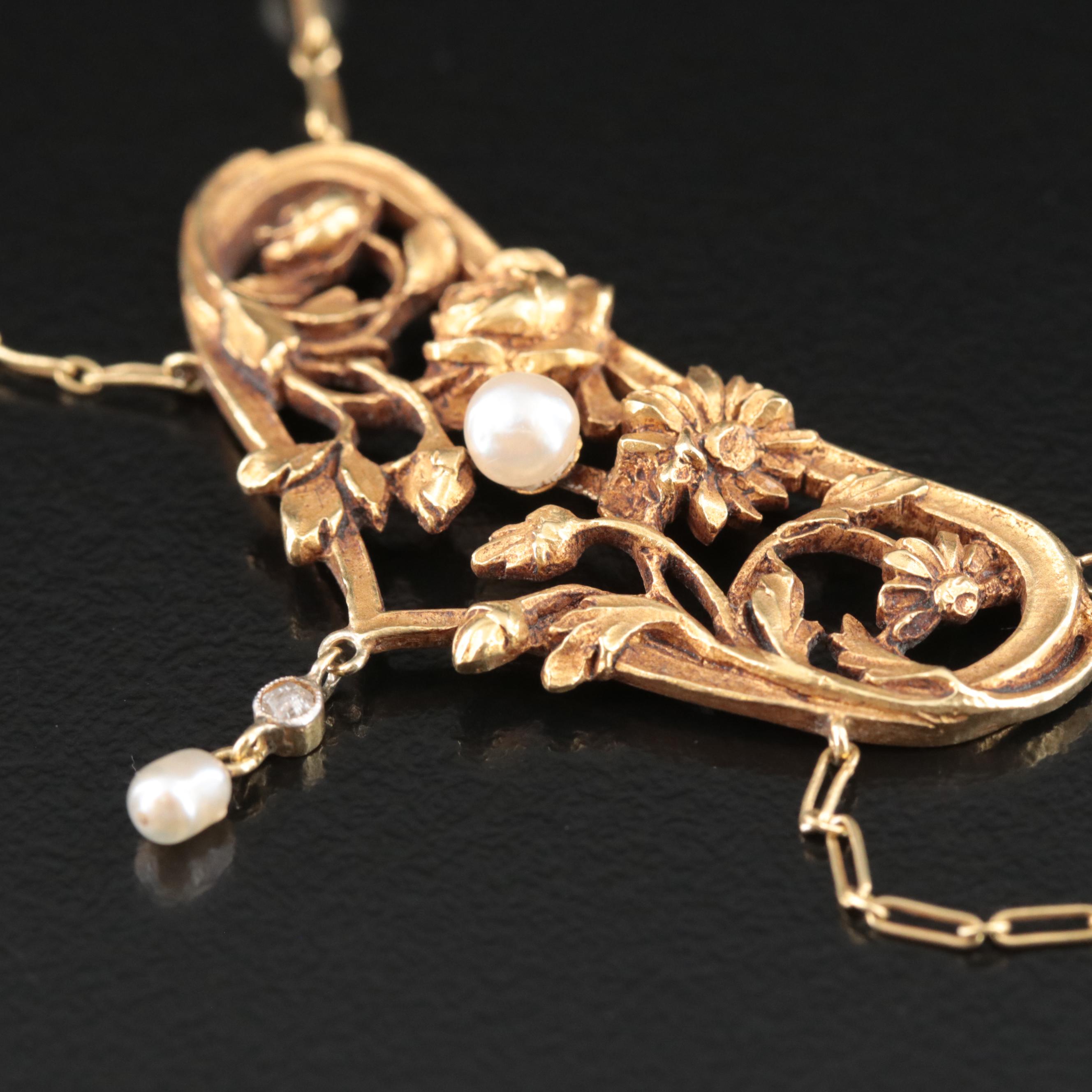 French Art Nouveau 18K Floral Festoon Necklace, Antique