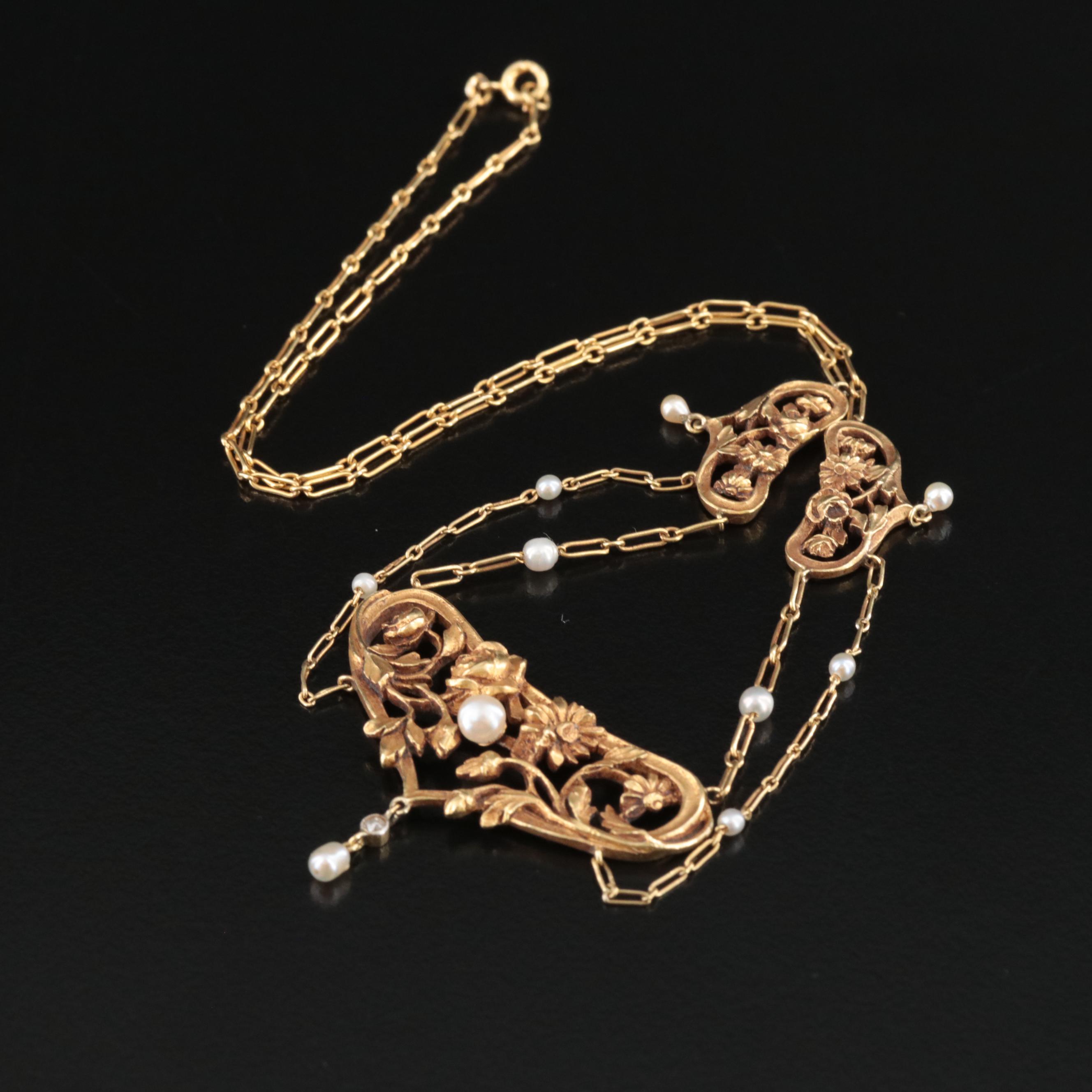 French Art Nouveau 18K Floral Festoon Necklace, Antique