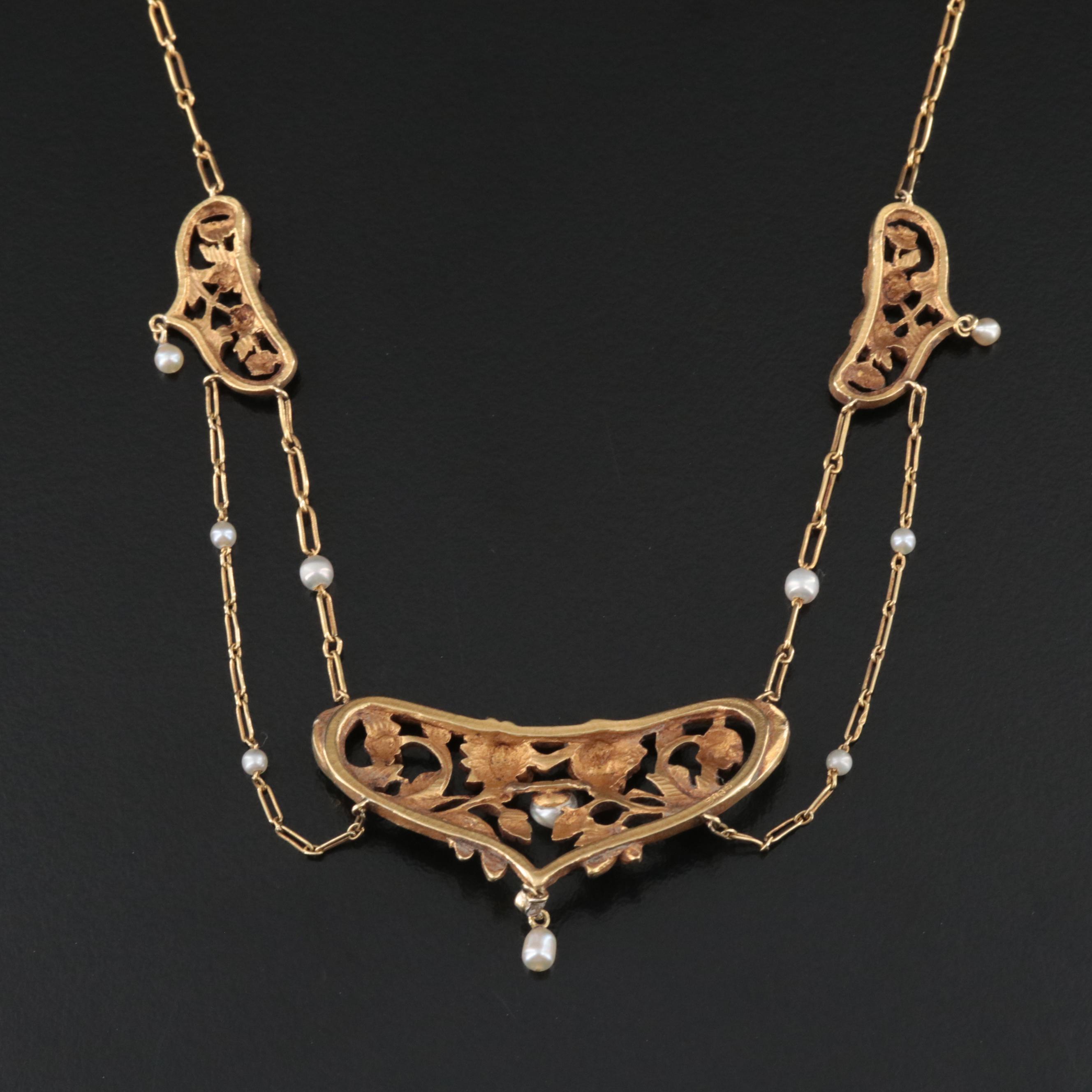 French Art Nouveau 18K Floral Festoon Necklace, Antique