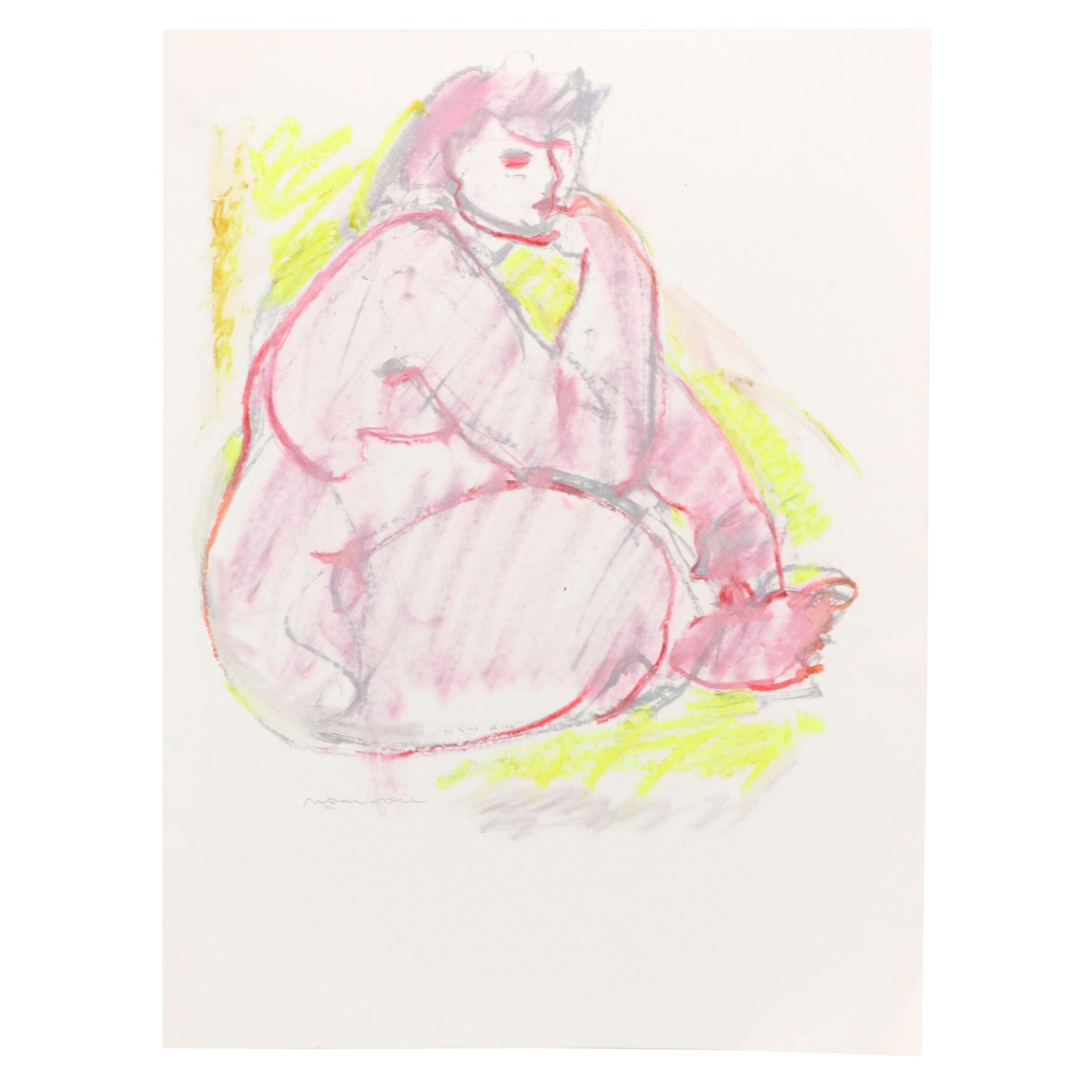 Jack Meanwell Modern Nude Figural Oil Pastel Drawing, Late 20th Century