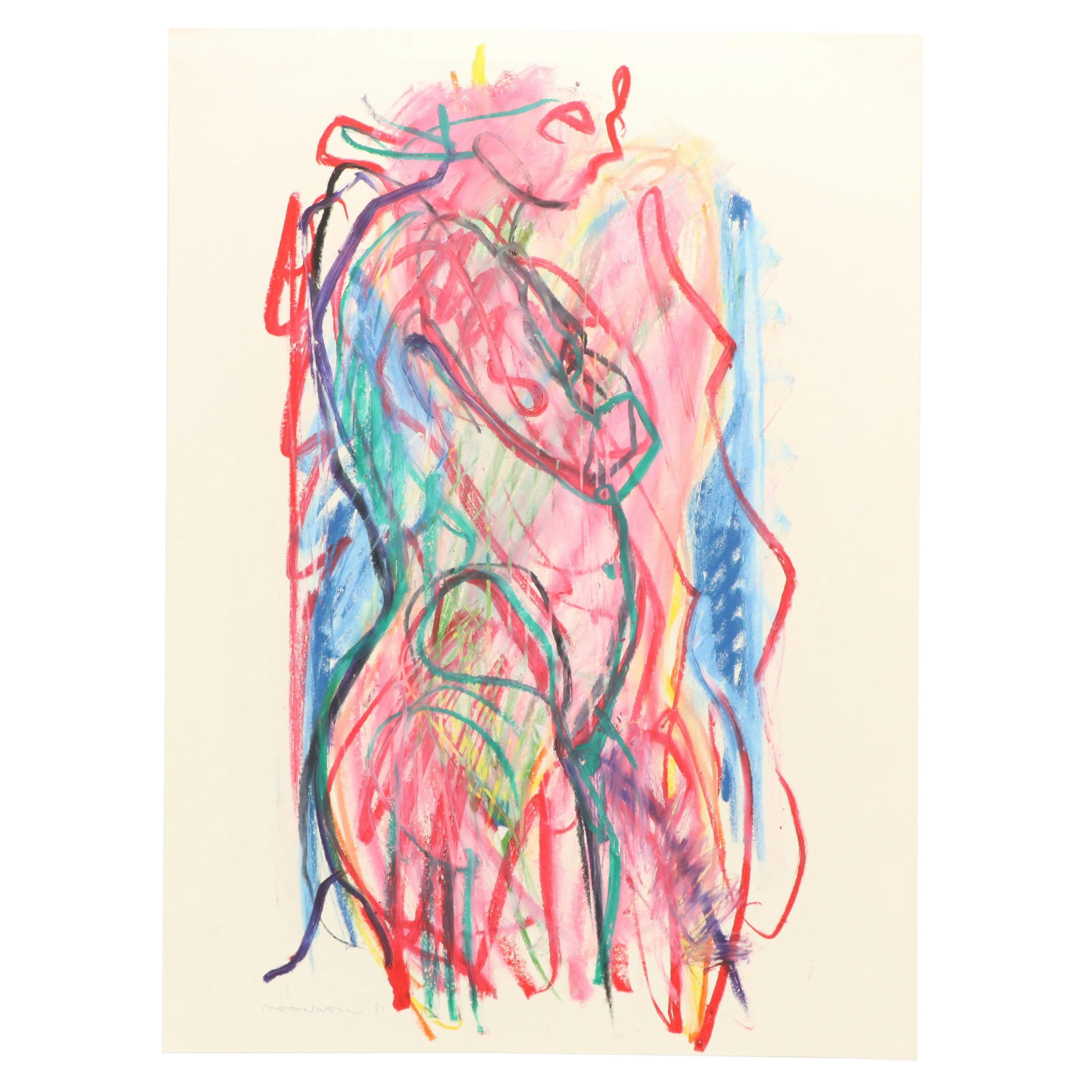 Jack Meanwell Modern Nude Figural Oil Pastel Drawing, 1981