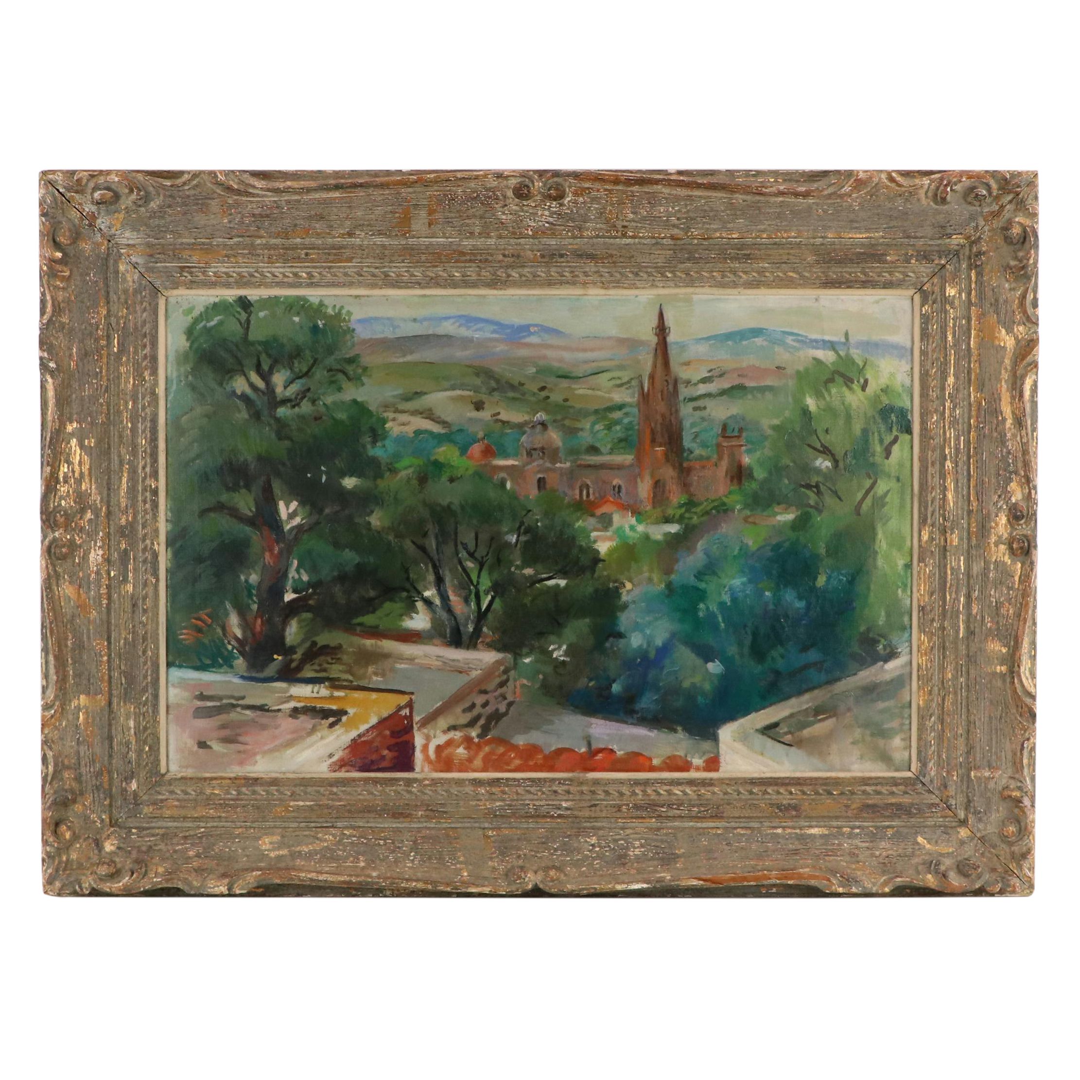 Cityscape Oil Painting "Jerusalem Church Israel," 1900