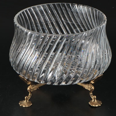 Cut Crystal Glass Decorative Bowl with Brass Trivet Stand
