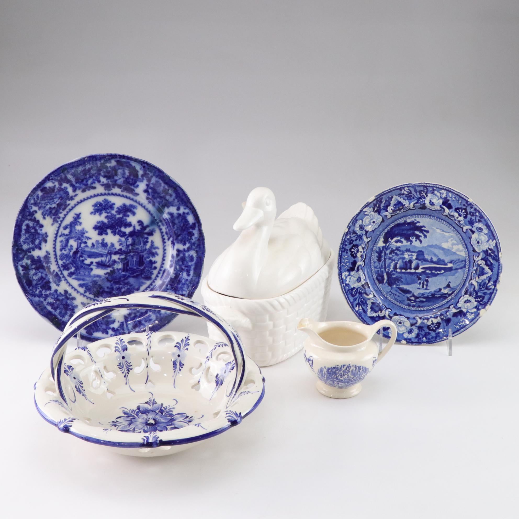 Duck on Basket Tureen with Blue and White Ceramics