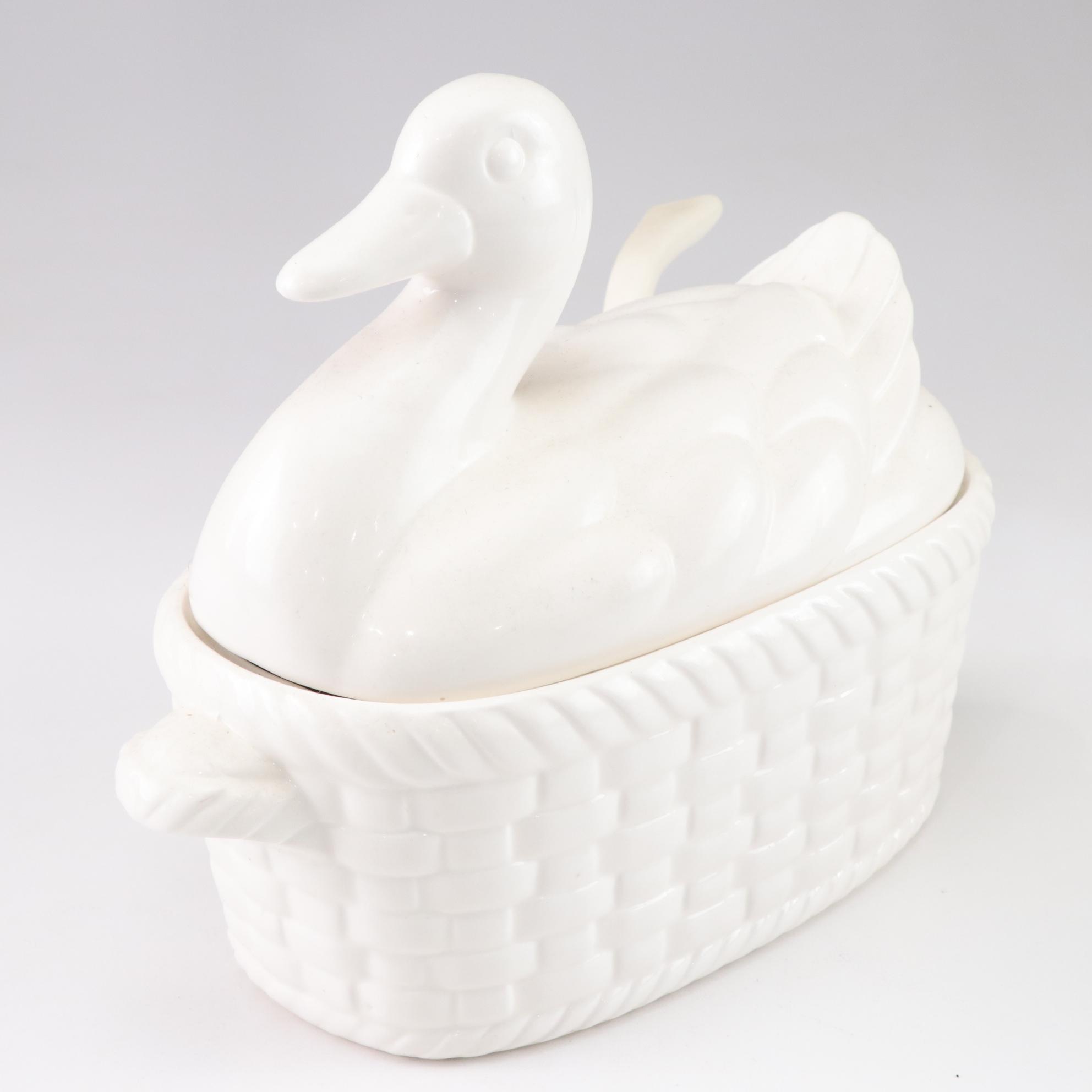 Duck on Basket Tureen with Blue and White Ceramics