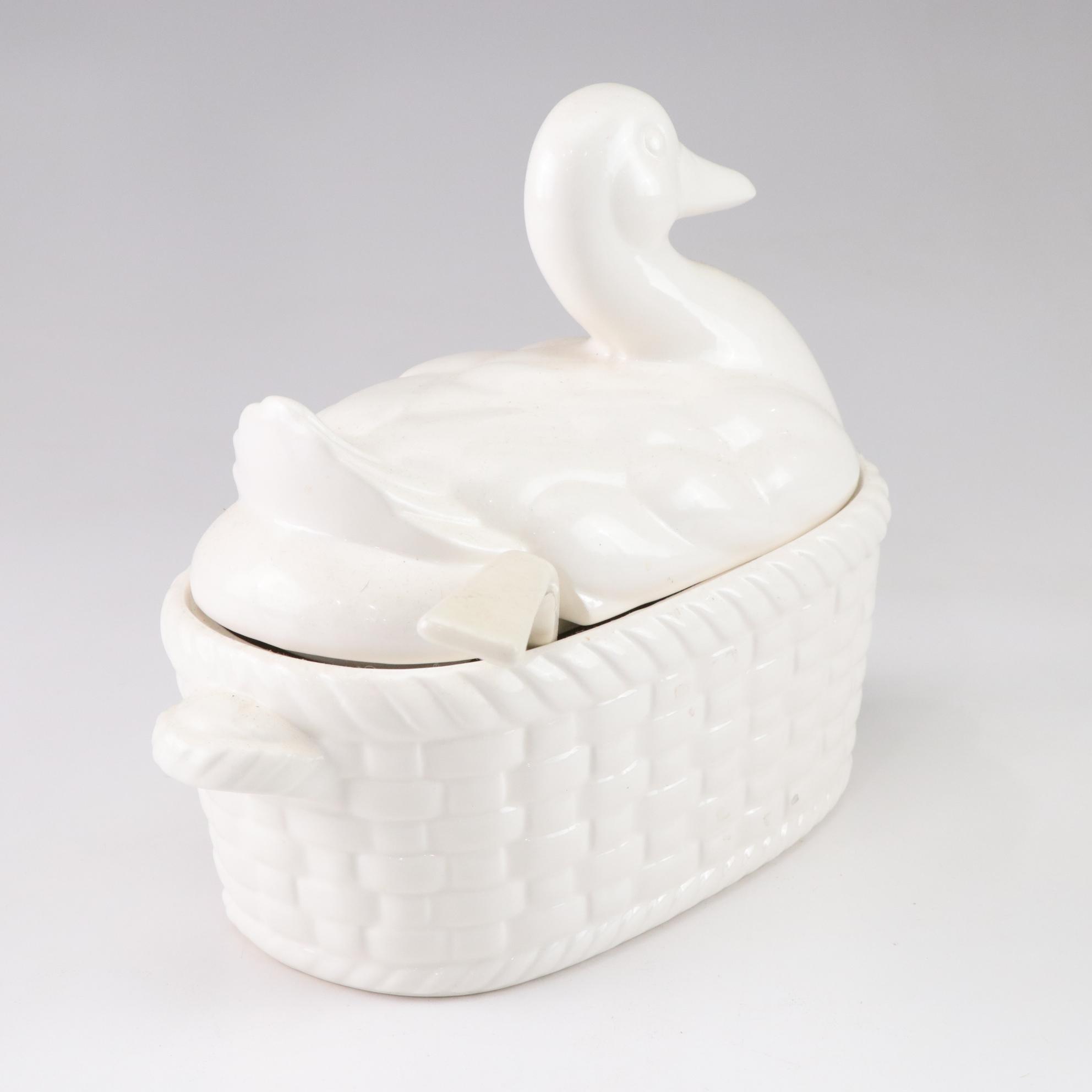 Duck on Basket Tureen with Blue and White Ceramics