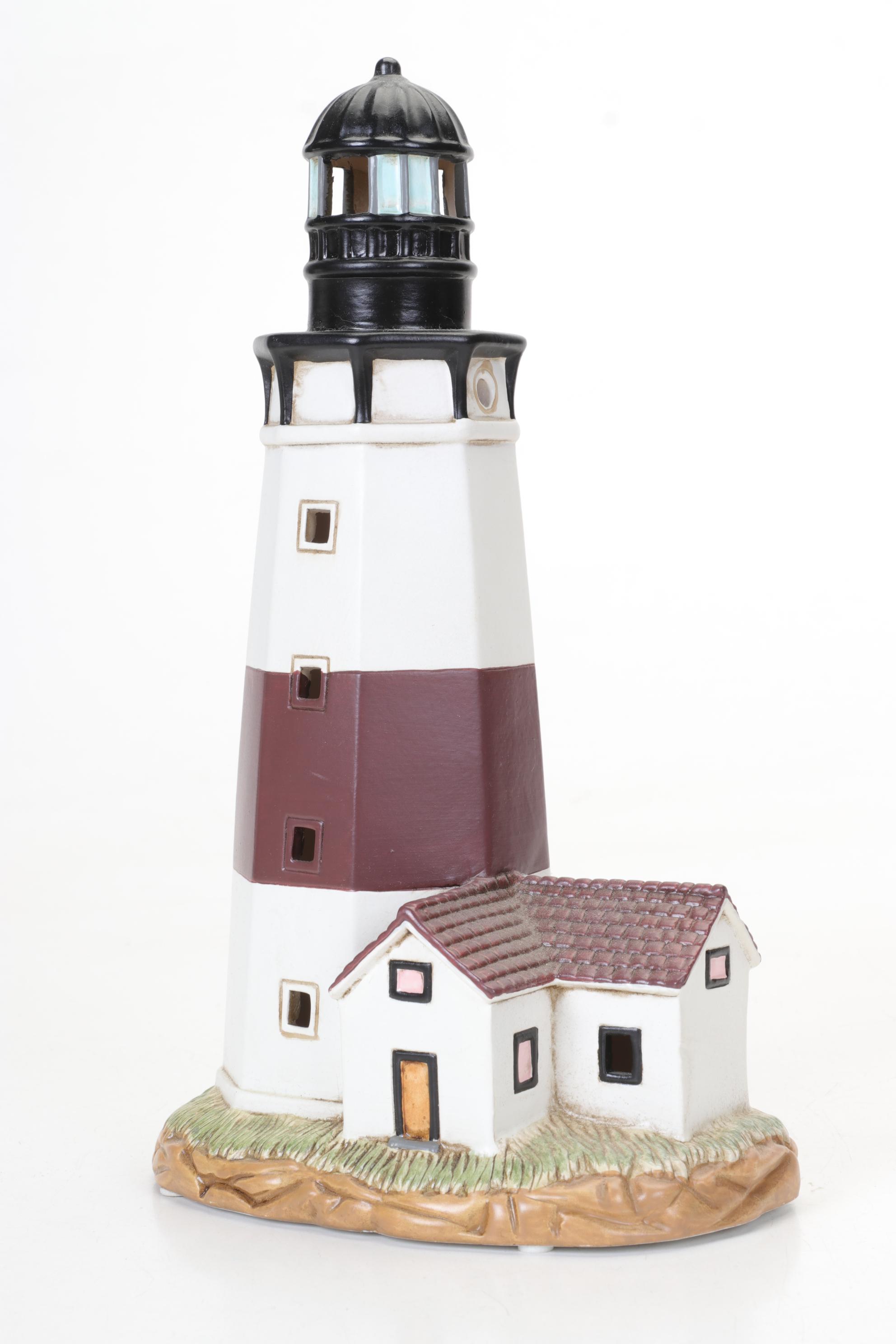 George Z Lefton Ceramic Montauk Lighthouse Lamp Base With Other Lighthouse