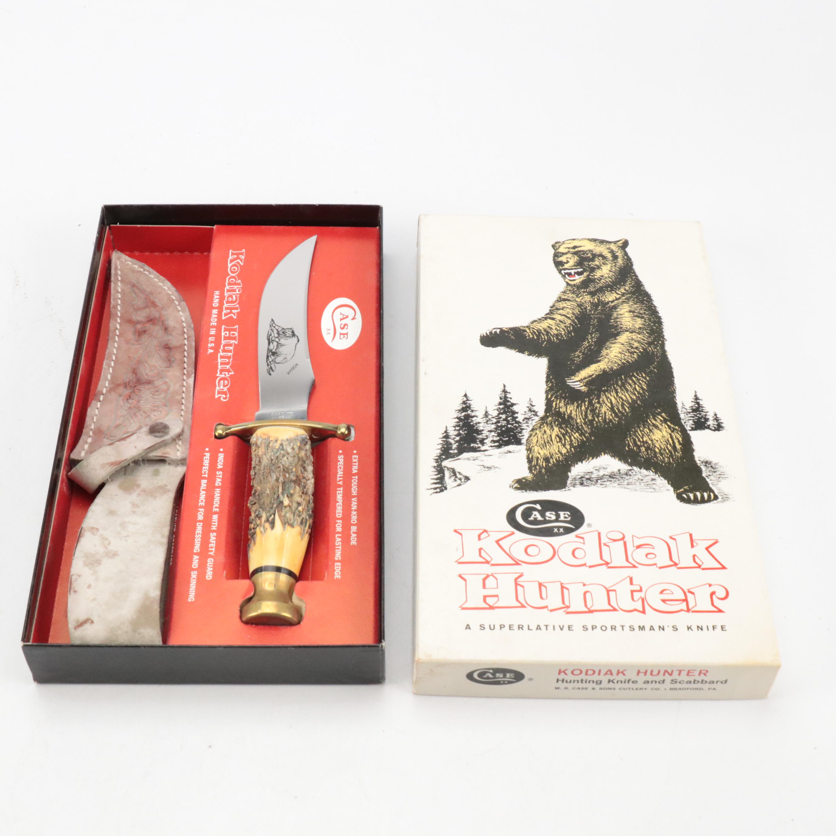 Case Kodiak Hunter Fixed Blade Etched Steel and Stag-Handled Knife and Sheath