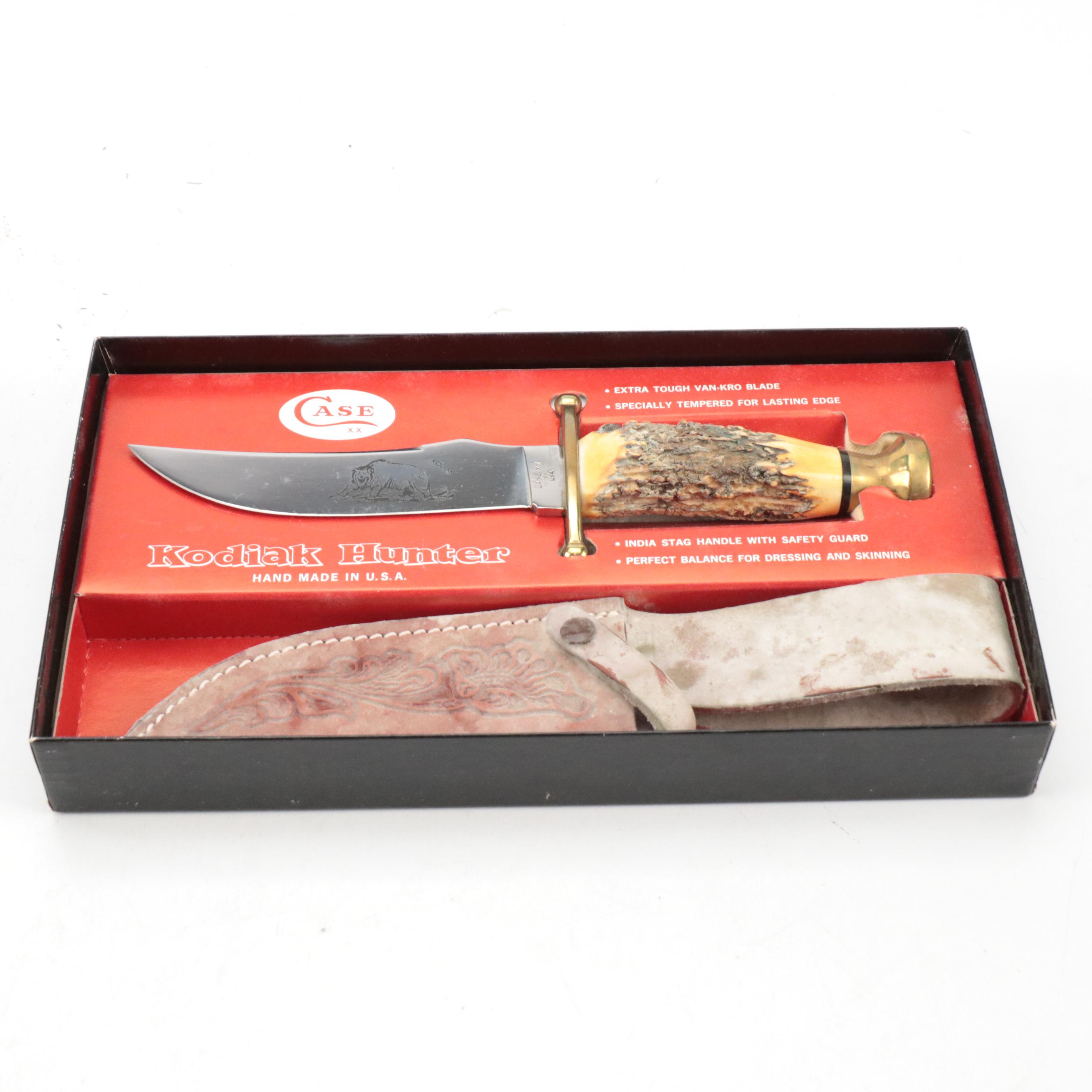 Case Kodiak Hunter Fixed Blade Etched Steel and Stag-Handled Knife and Sheath