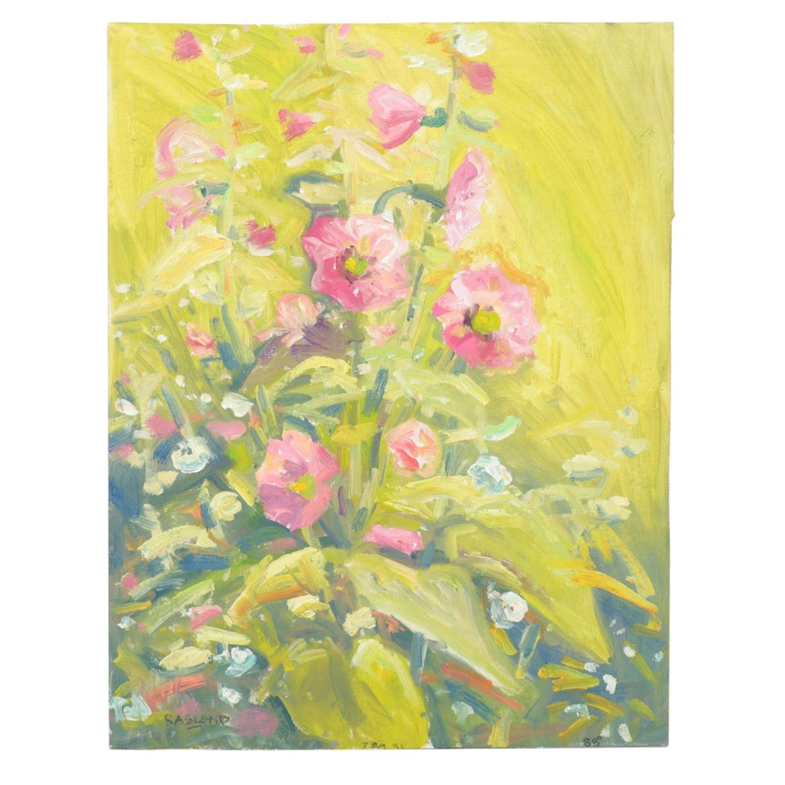Bob Ragland Floral Oil Painting Of Hollyhocks, 1991