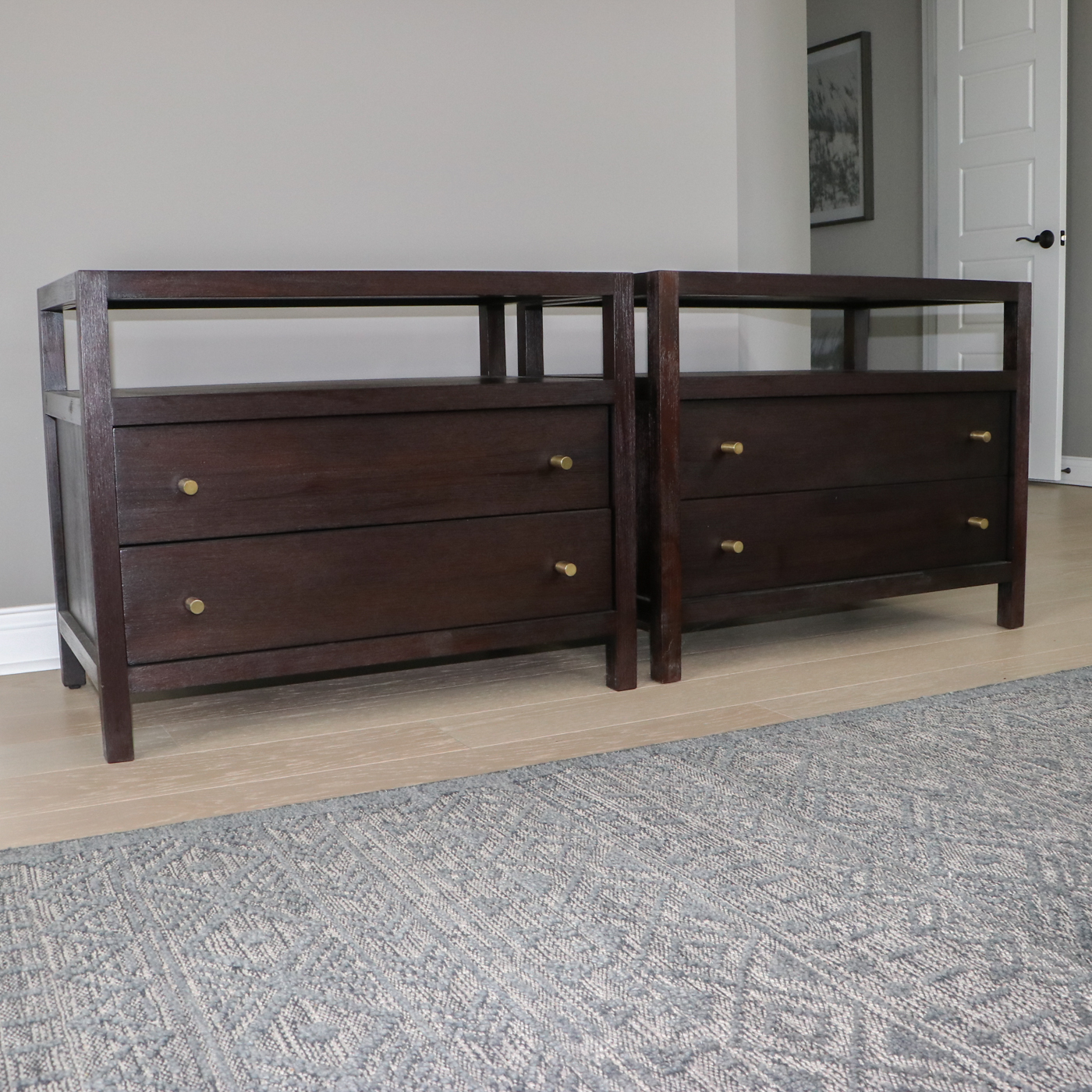 Pair of Crate & Barrel "Keane" Espresso Wood Charging Nightstands