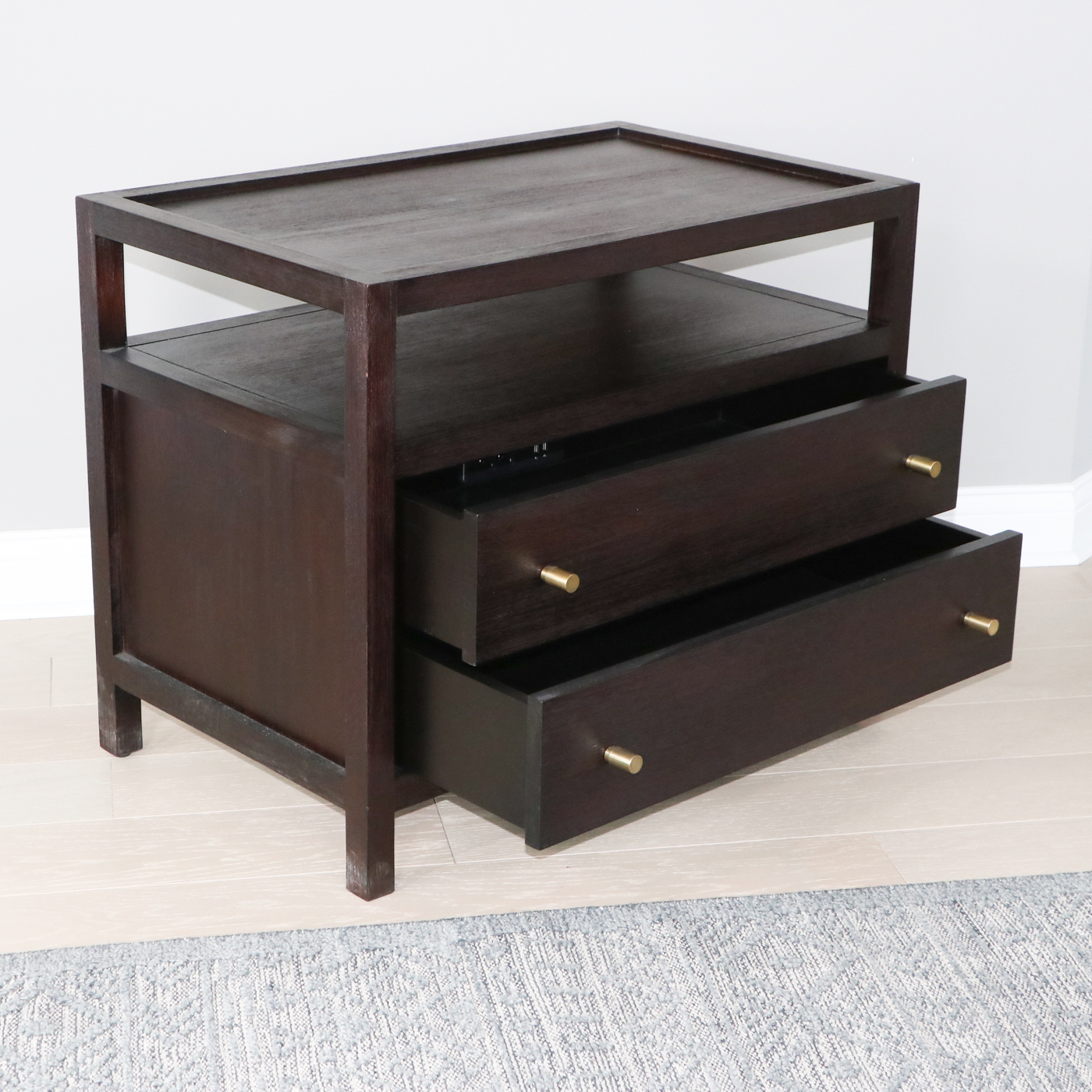Pair of Crate & Barrel "Keane" Espresso Wood Charging Nightstands