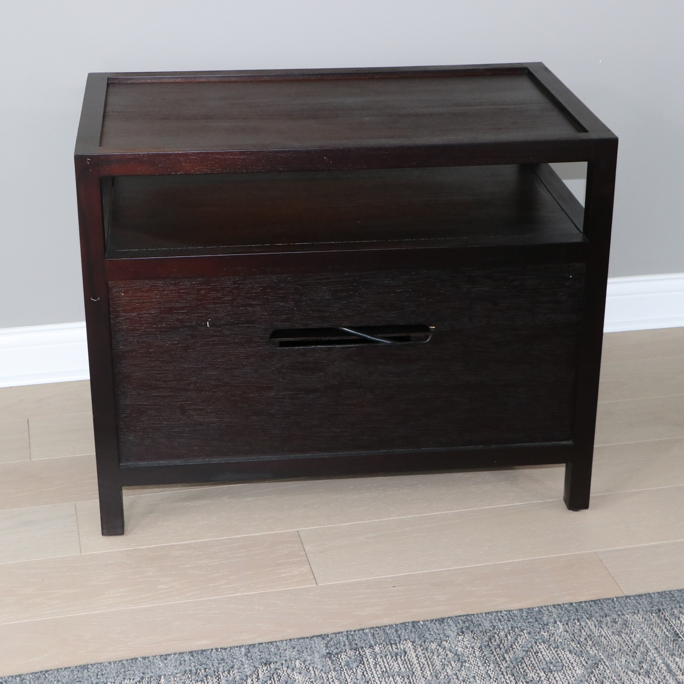 Pair of Crate & Barrel "Keane" Espresso Wood Charging Nightstands