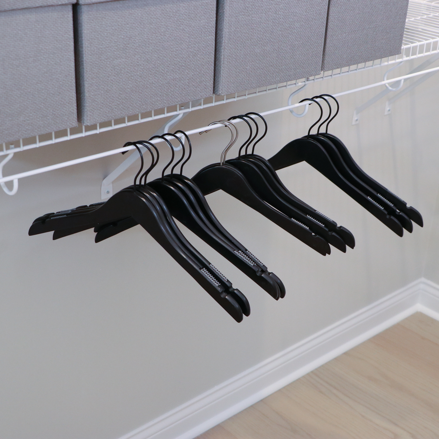 Grey Fabric Shoe Storage Cubes with Bath Linens and Clothes Hangers