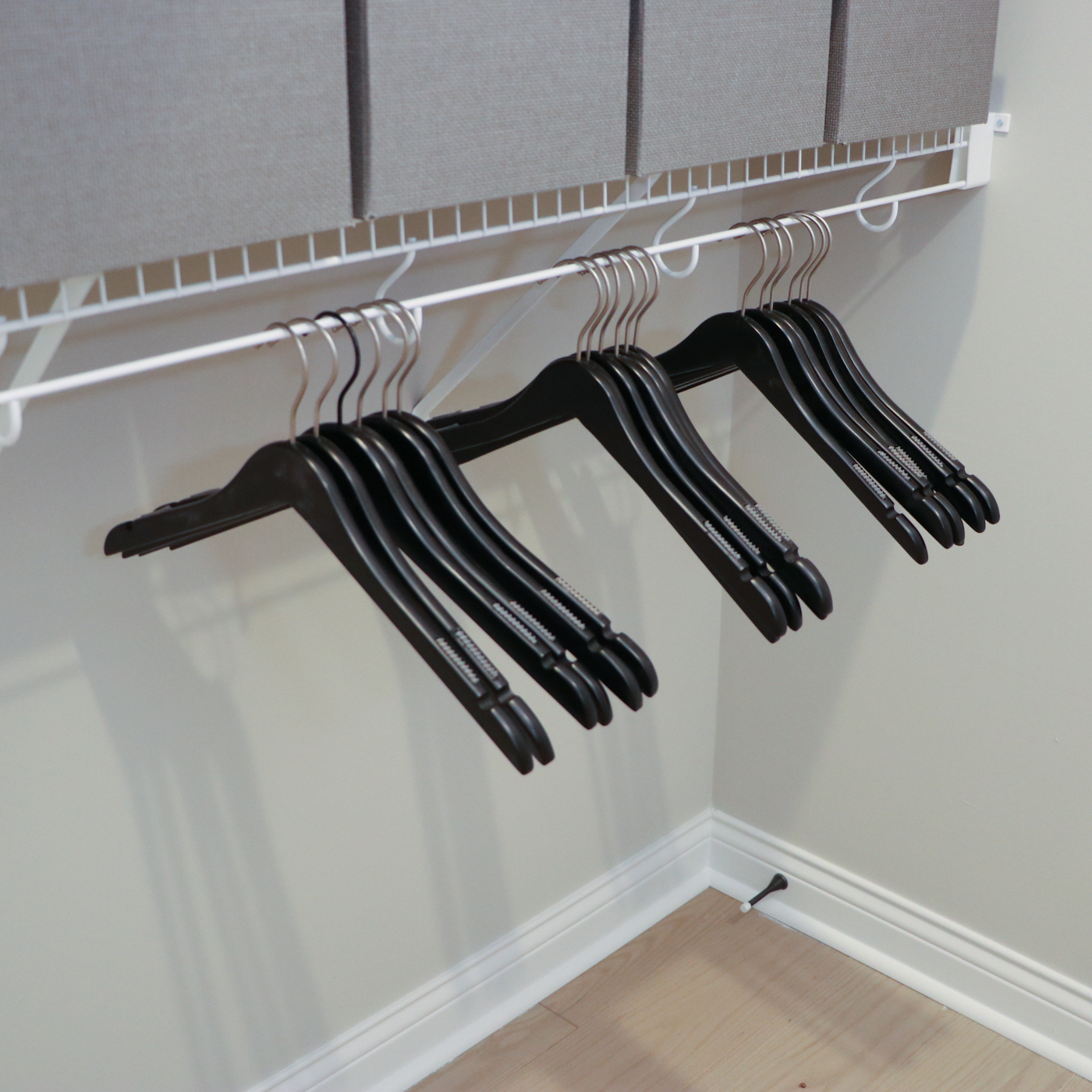 Grey Fabric Shoe Storage Cubes with Bath Linens and Clothes Hangers