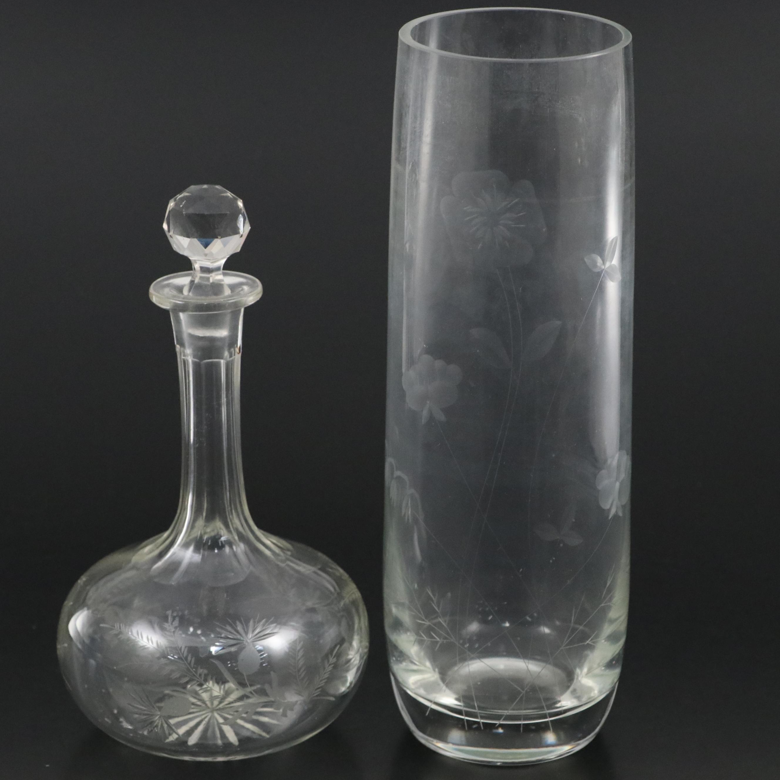 Floral Cut Glass Decanter, Vase, and Platter, 20th Century