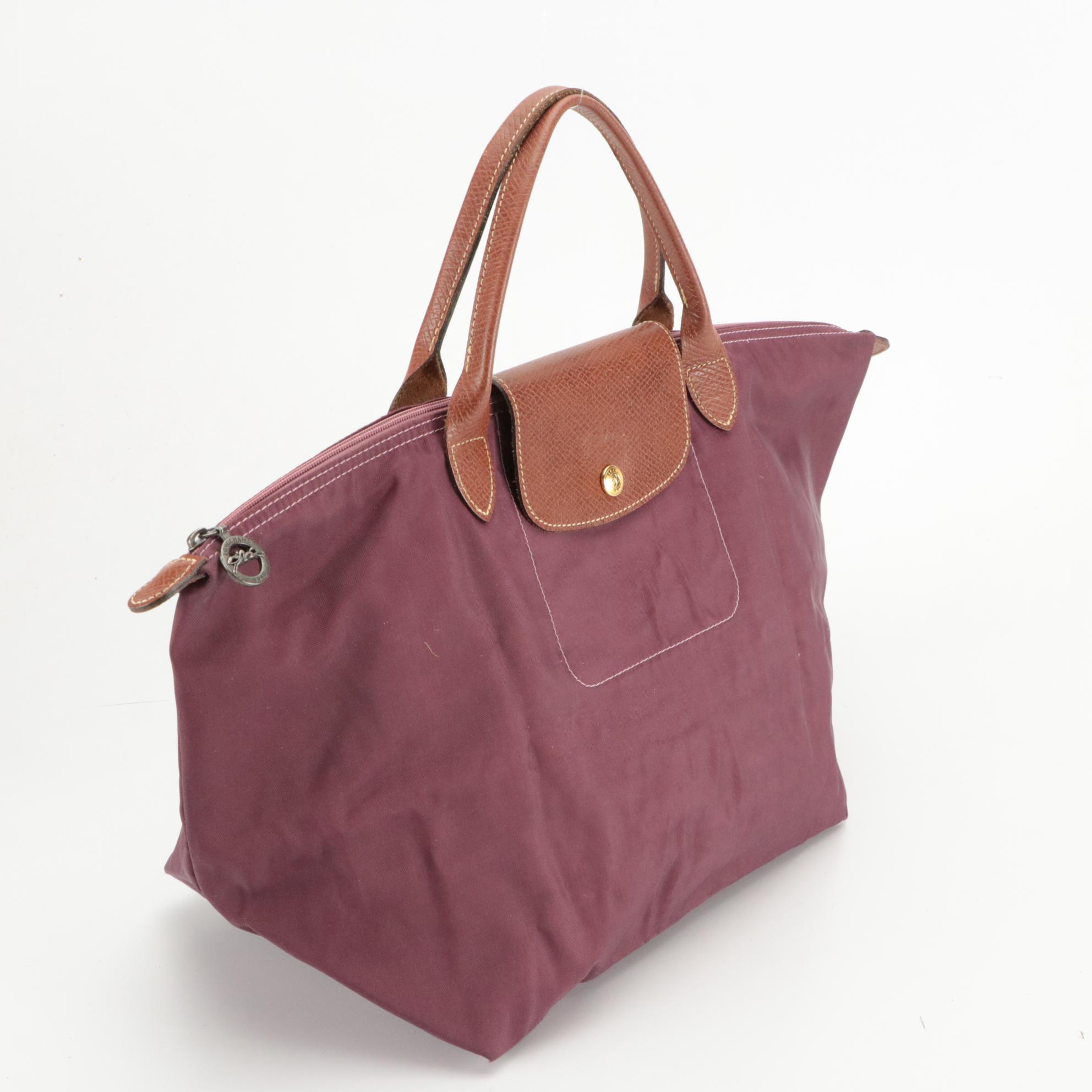 Longchamp Le Pliage Short Handle Medium Tote in Fig Nylon/Brown Leather