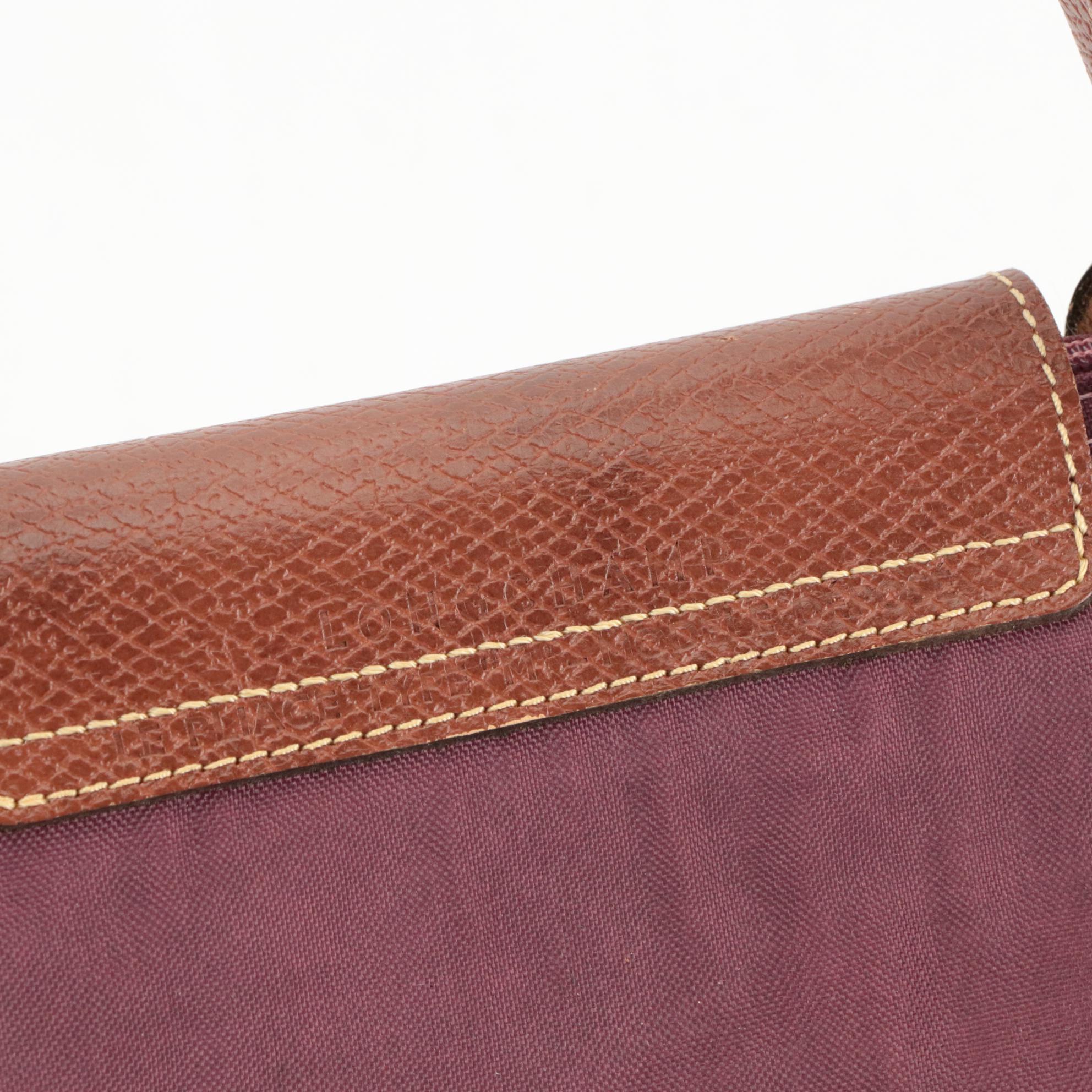 Longchamp Le Pliage Short Handle Medium Tote in Fig Nylon/Brown Leather