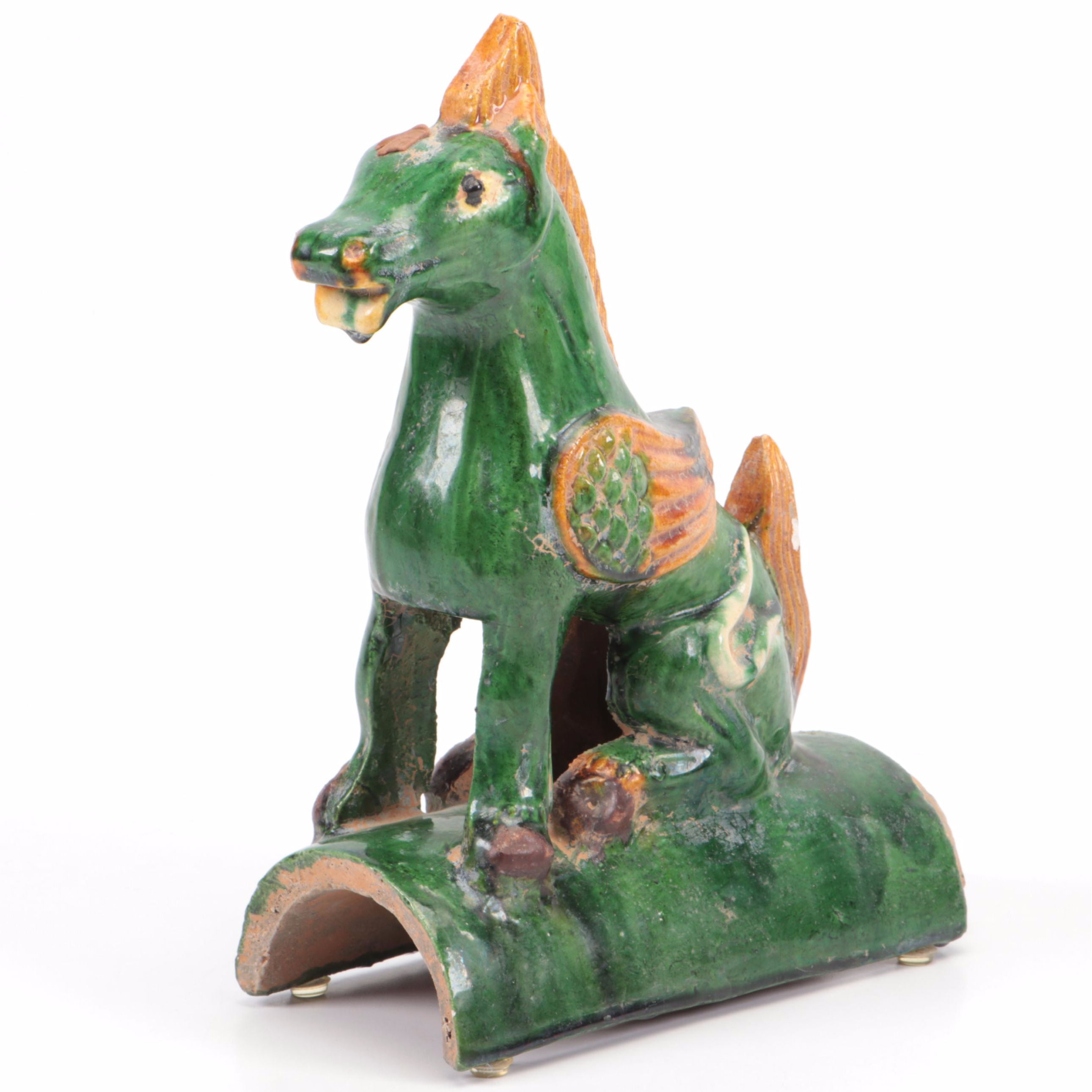 Chinese Sancai Glaze Gansu "Qianlima" Winged Horse Roofing Tile