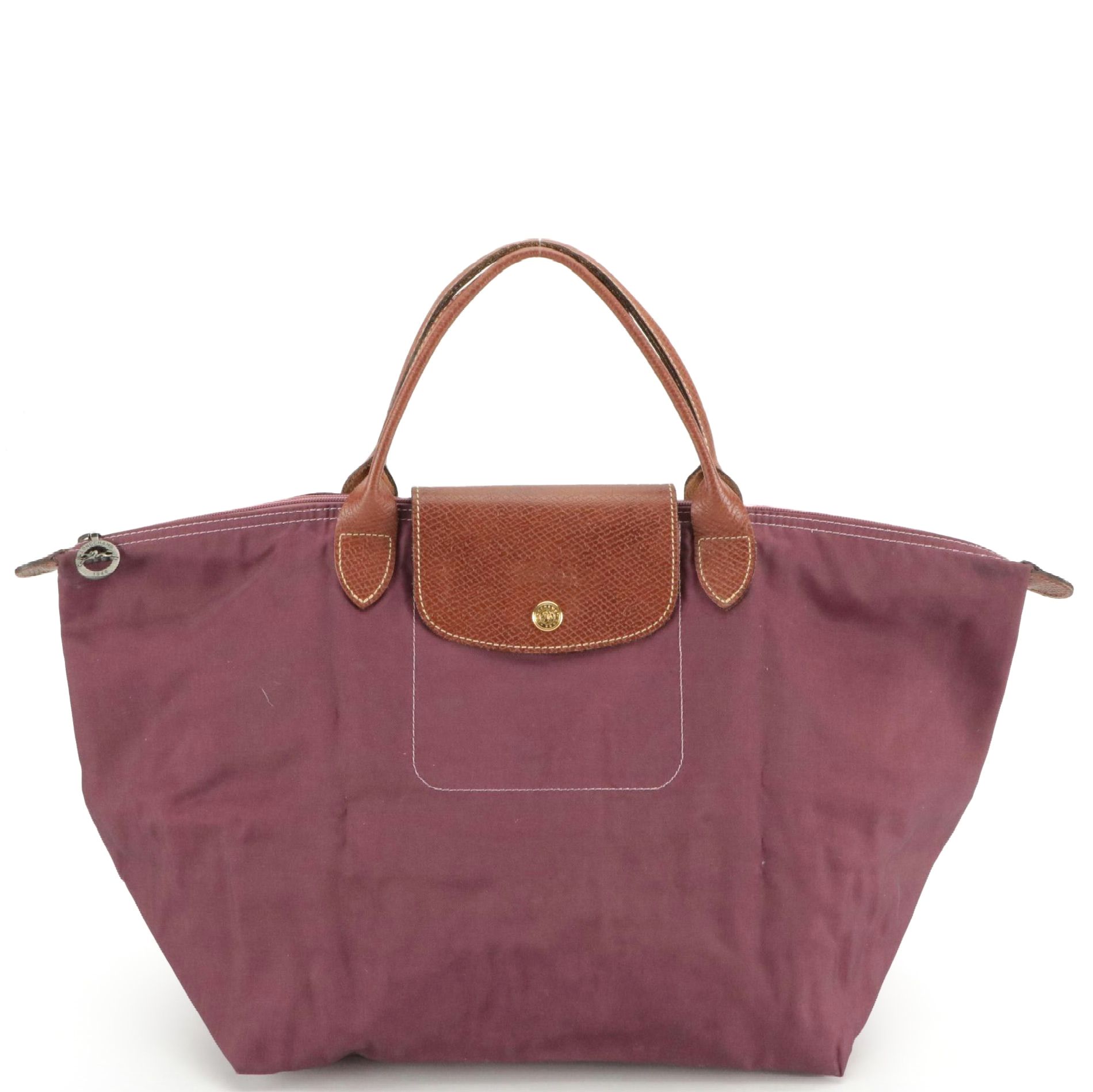 Longchamp Le Pliage Short Handle Medium Tote in Fig Nylon/Brown Leather