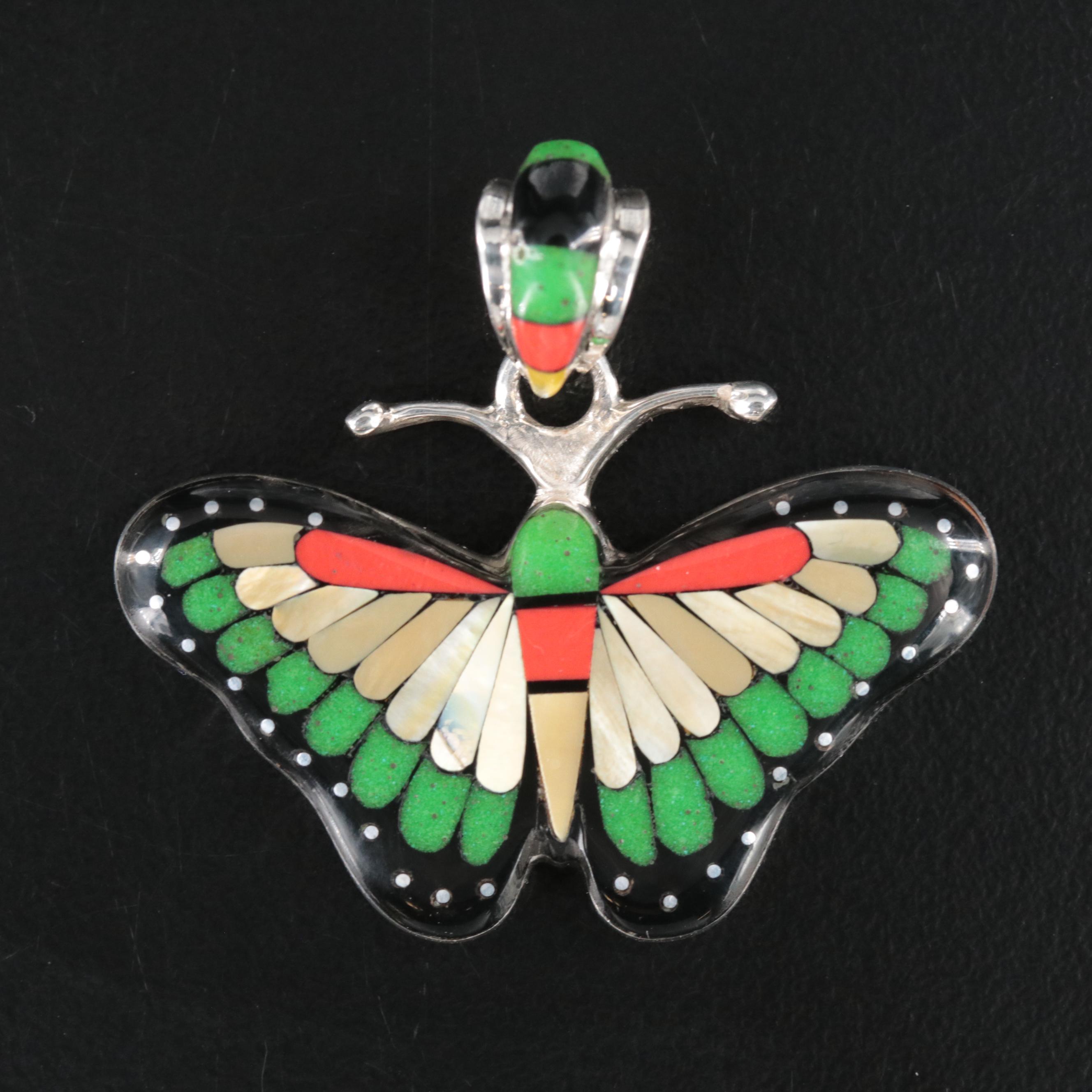 Sterling Gemstone Inlay Butterfly Pendant