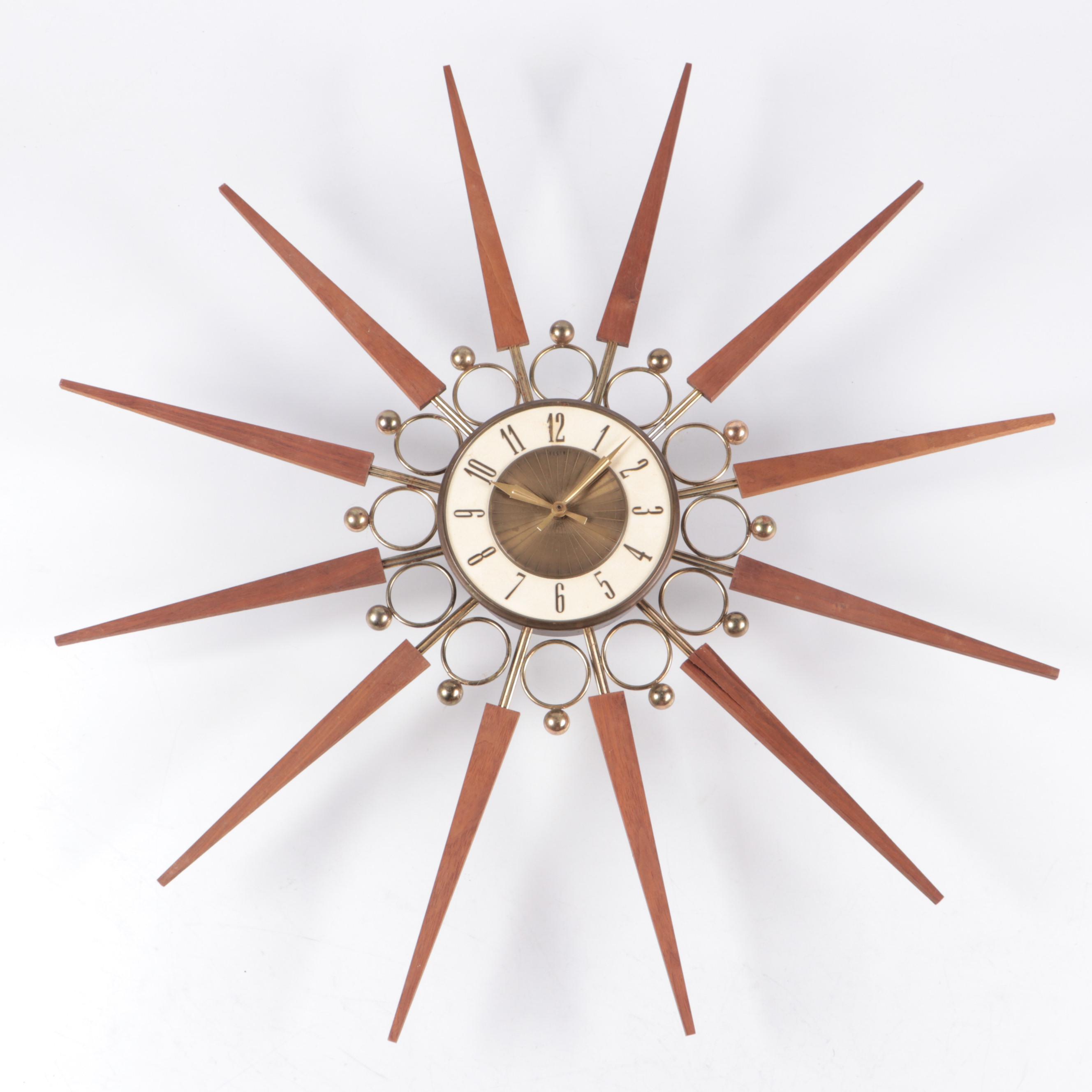 Elgin Brass and Wood Starburst Wall Clock, Mid-20th Century