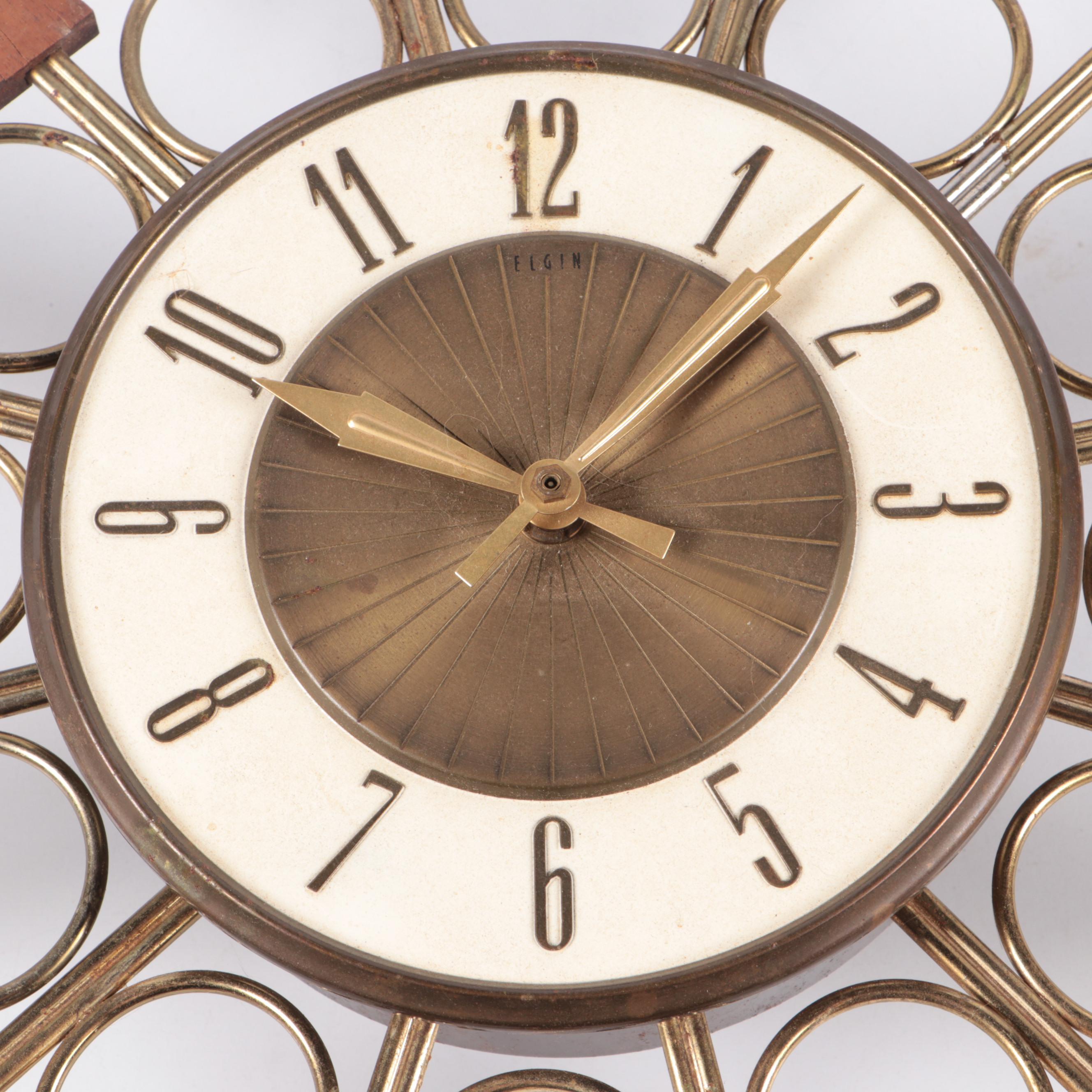 Elgin Brass and Wood Starburst Wall Clock, Mid-20th Century