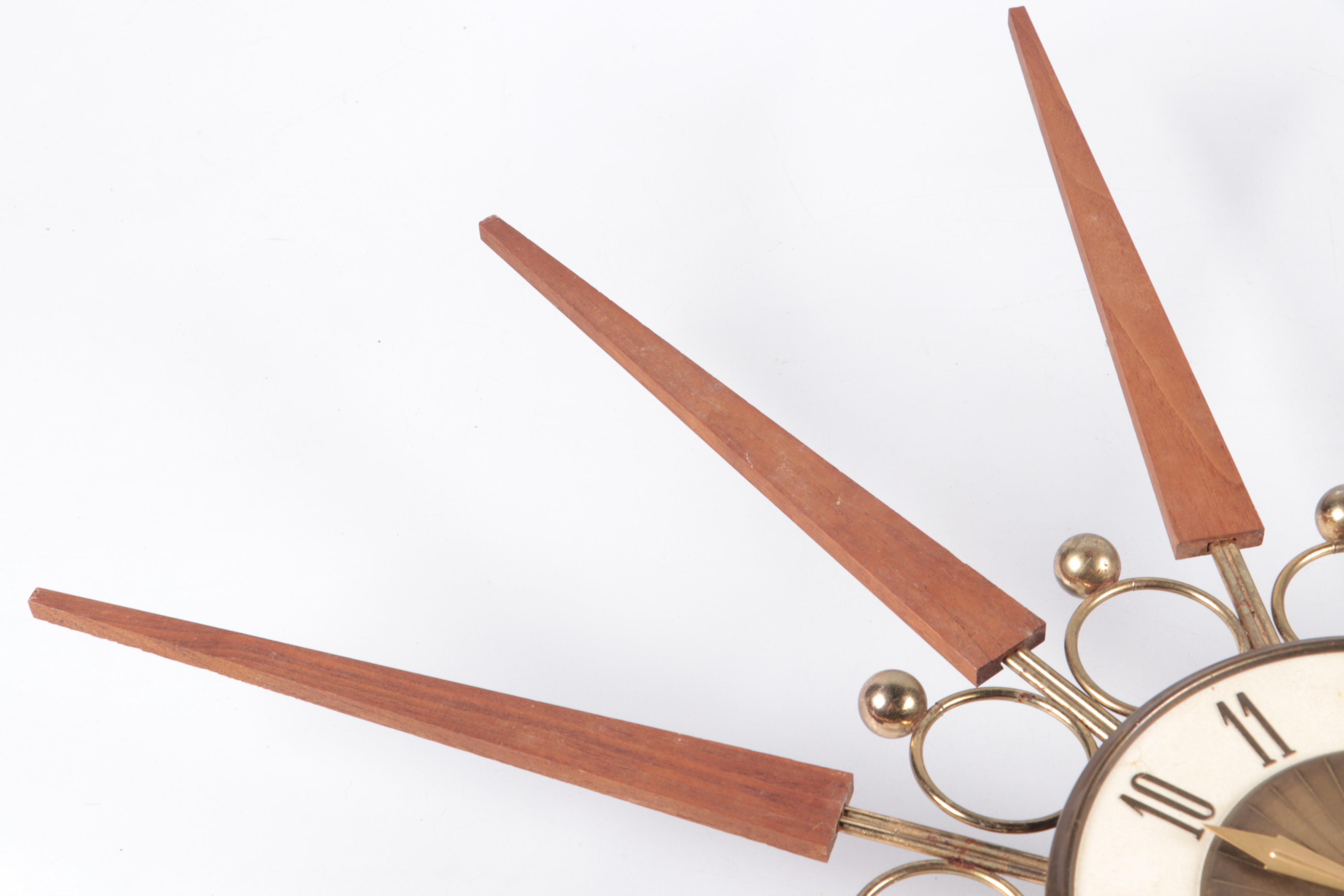 Elgin Brass and Wood Starburst Wall Clock, Mid-20th Century
