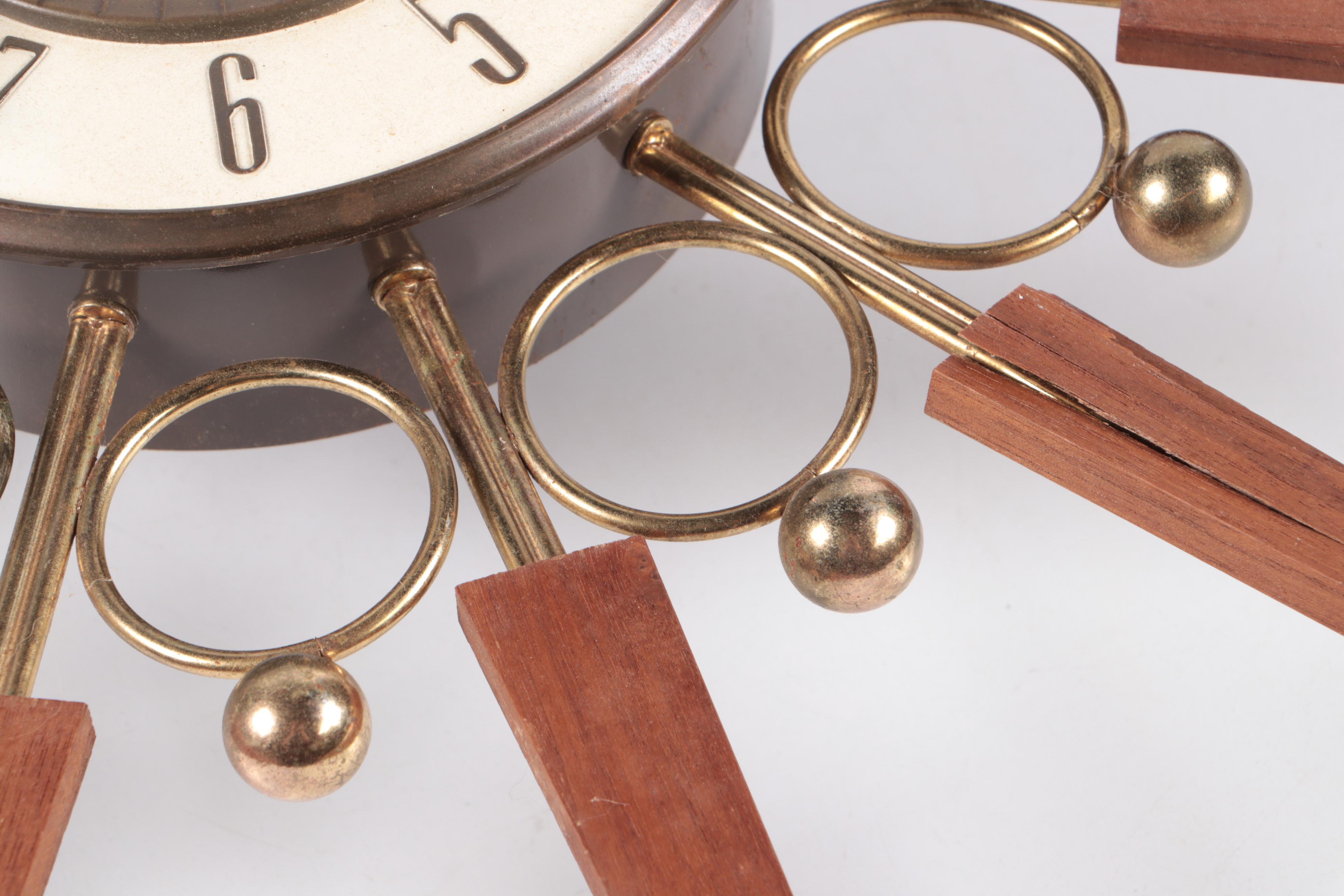 Elgin Brass and Wood Starburst Wall Clock, Mid-20th Century