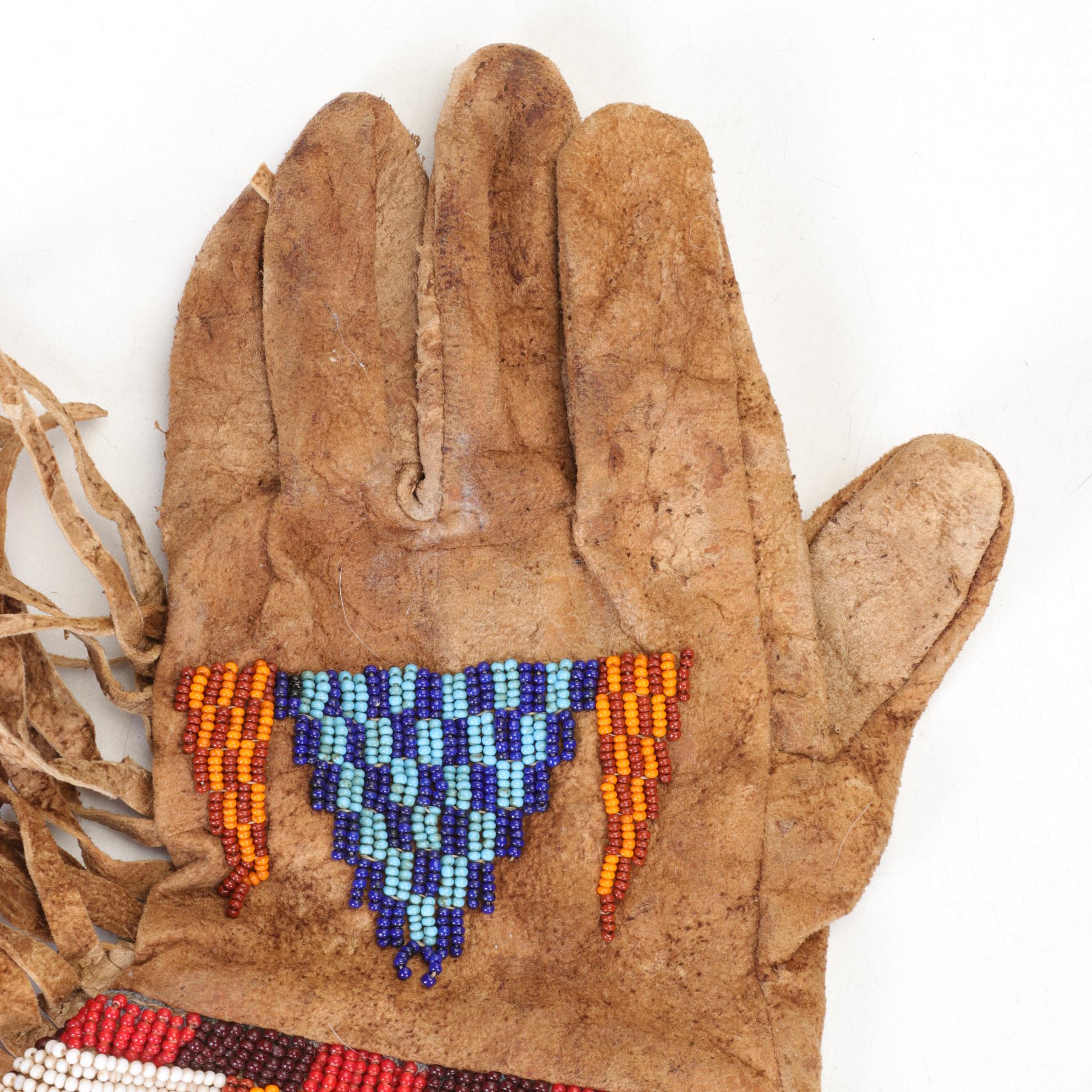 Native American Beaded Leather Buckskin Gauntlet Gloves