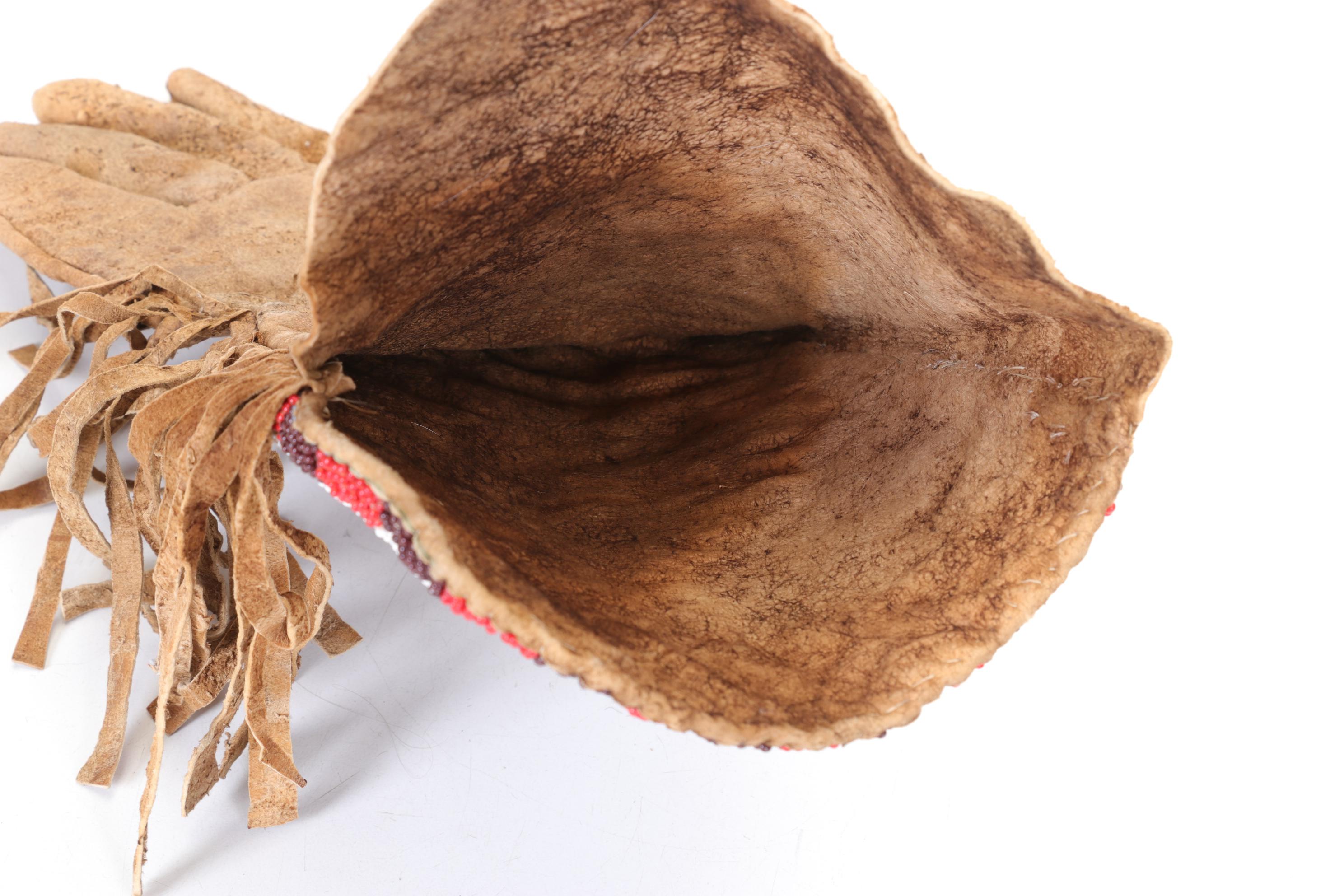 Native American Beaded Leather Buckskin Gauntlet Gloves