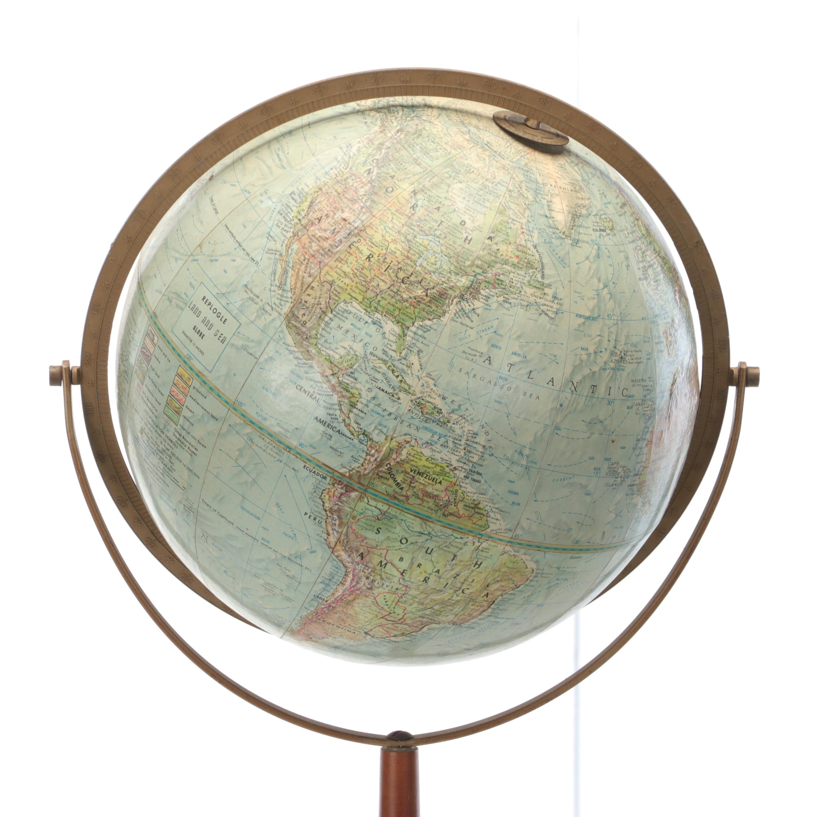 Replogle "Land and Sea" Standing With Other Geographic World Globe, Vintage