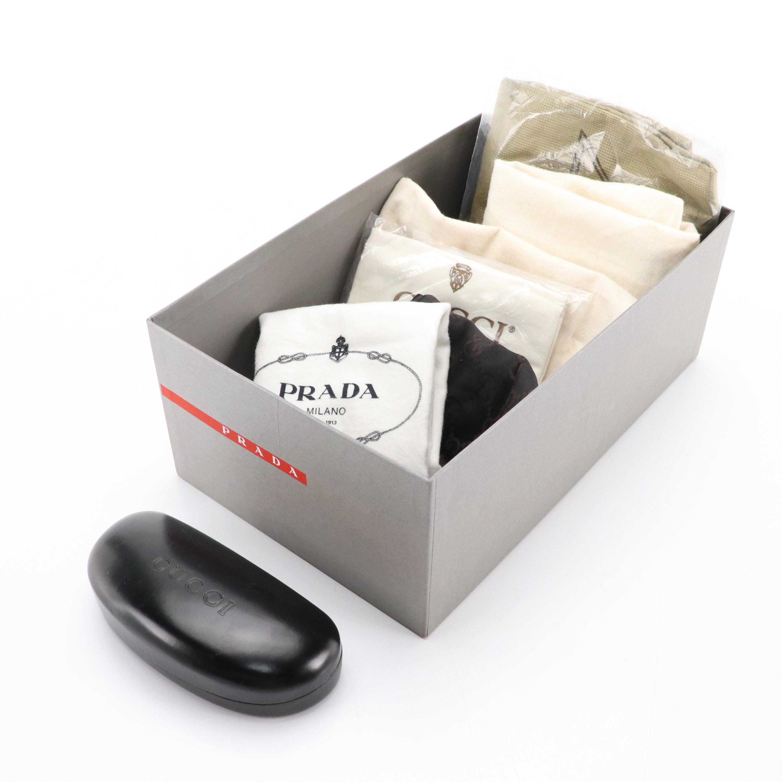 Prada, Gucci, and Fendi Dust Bags with Gucci Eyeglass Case